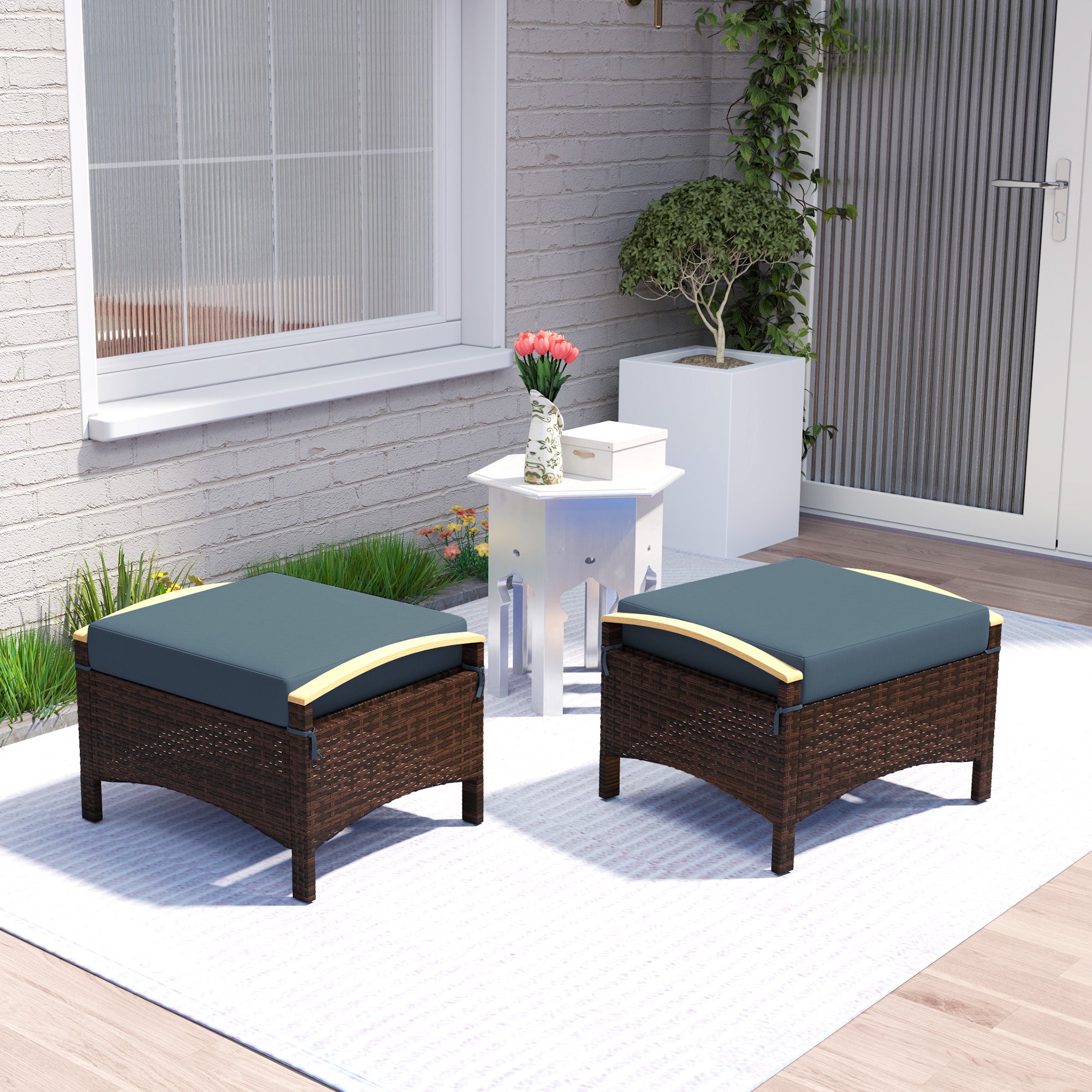 Outsunny Wicker Outdoor Ottoman, 2 Pieces Outdoor Ottomans and Footstools with Removable Cushion, PE Rattan Outdoor Footstool, Footrest, Side Table for Backyard, Porch, Navy Blue