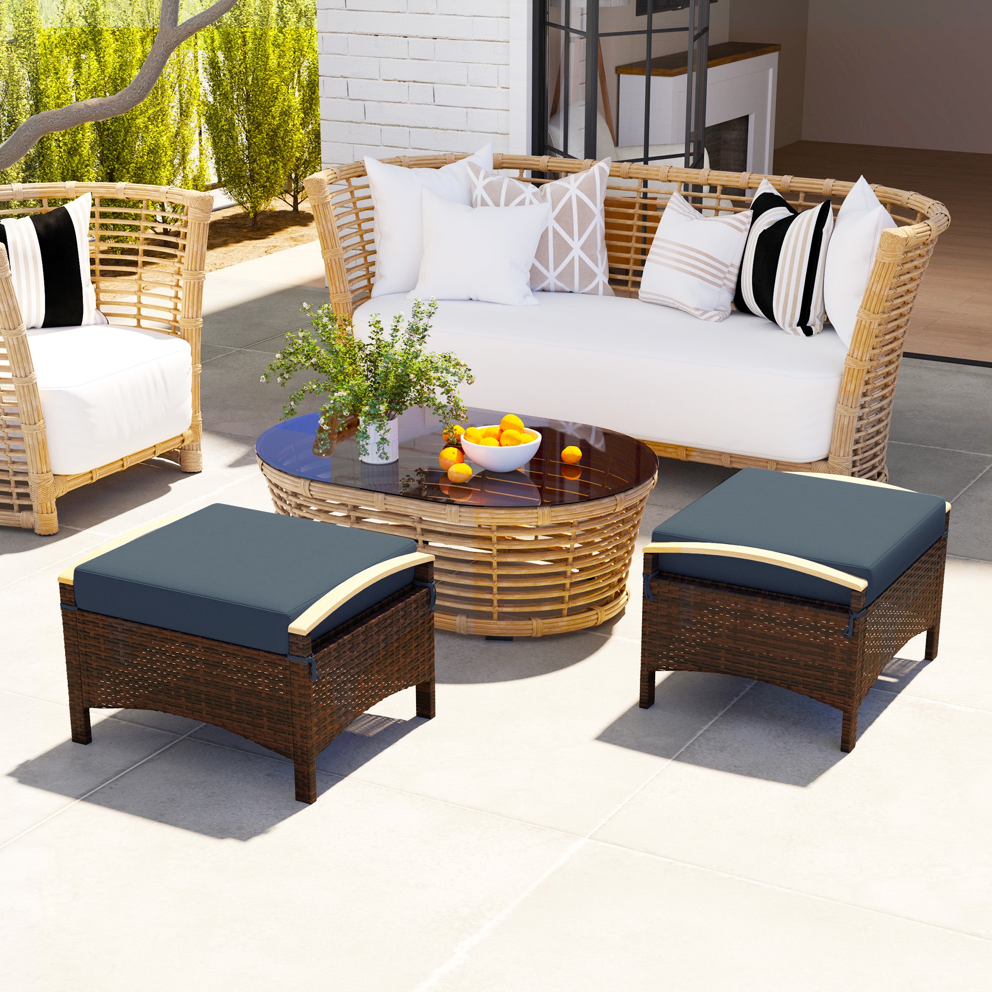 Outsunny Wicker Outdoor Ottoman, 2 Pieces Outdoor Ottomans and Footstools with Removable Cushion, PE Rattan Outdoor Footstool, Footrest, Side Table for Backyard, Porch, Navy Blue