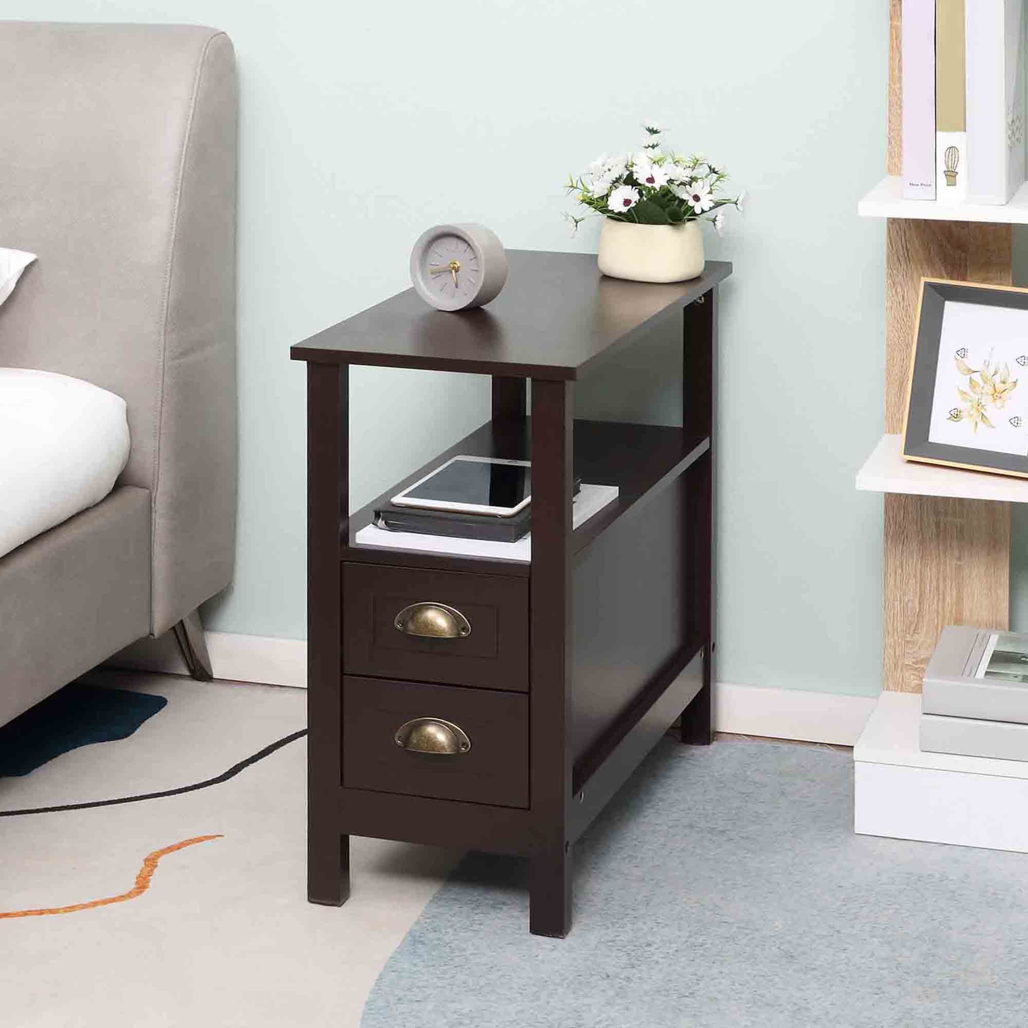 HOMCOM Slim End Table with 2 Drawers and Storage Shelf, Sofa Side Table for Living Room, Narrow Nightstand for Small Spaces, Coffee