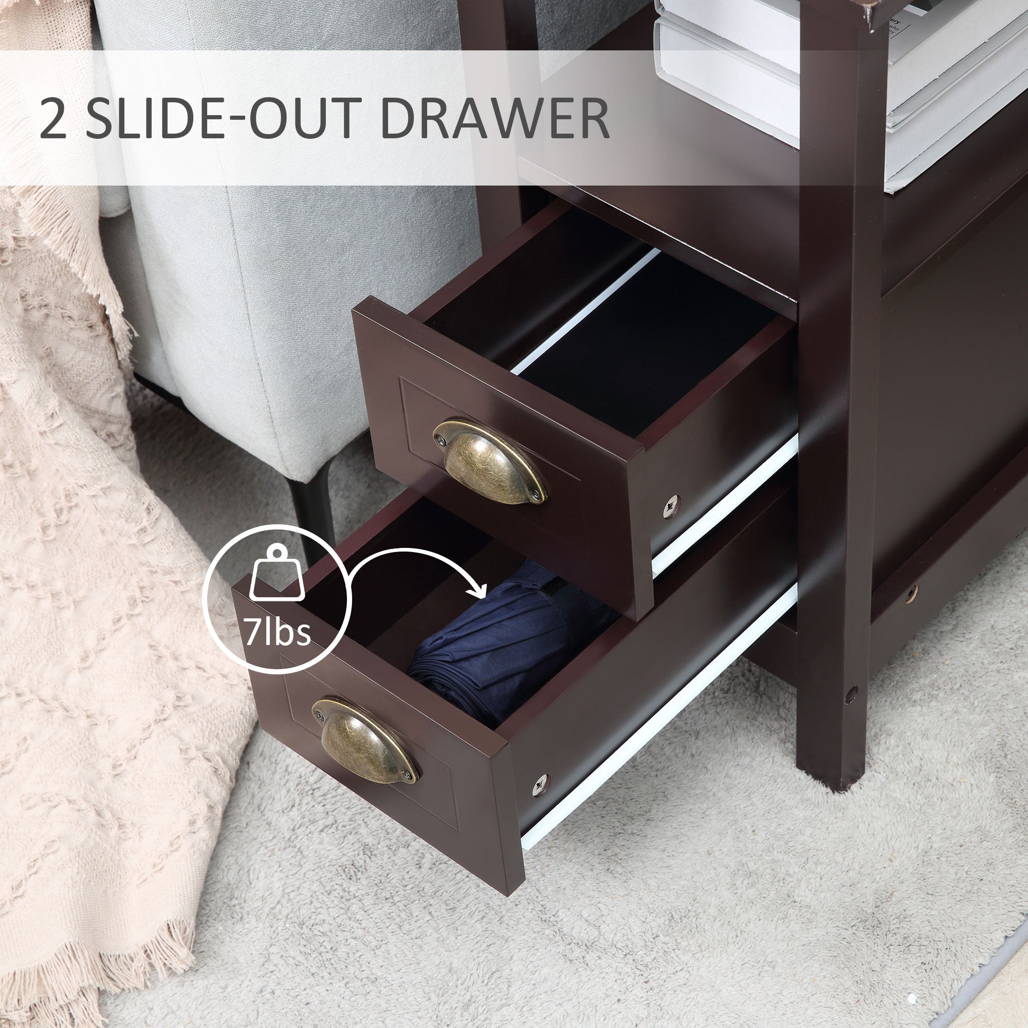 HOMCOM Slim End Table with 2 Drawers and Storage Shelf, Sofa Side Table for Living Room, Narrow Nightstand for Small Spaces, Coffee