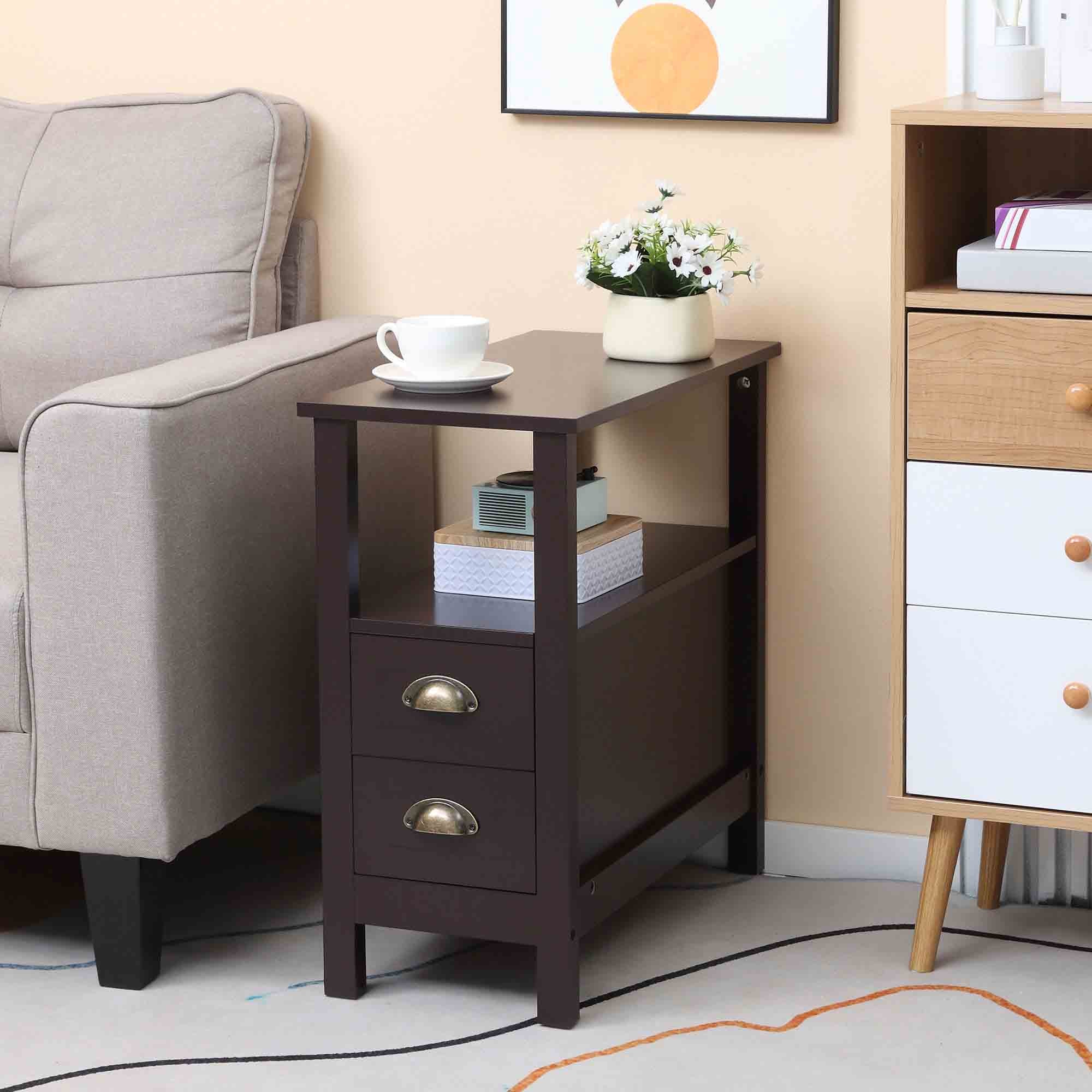 HOMCOM Slim End Table with 2 Drawers and Storage Shelf, Sofa Side Table for Living Room, Narrow Nightstand for Small Spaces, Coffee