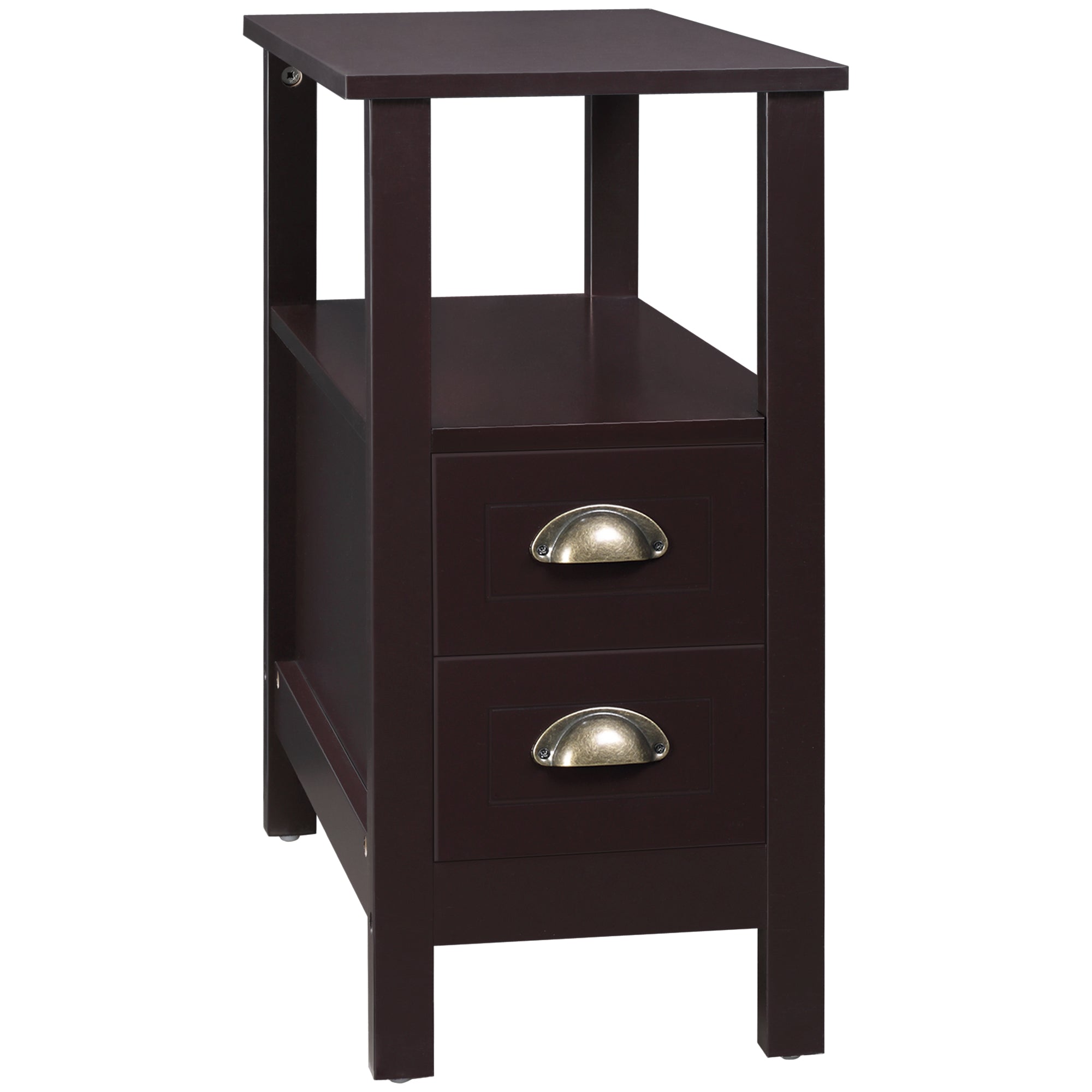 HOMCOM Slim End Table with 2 Drawers and Storage Shelf, Sofa Side Table for Living Room, Narrow Nightstand for Small Spaces, Coffee