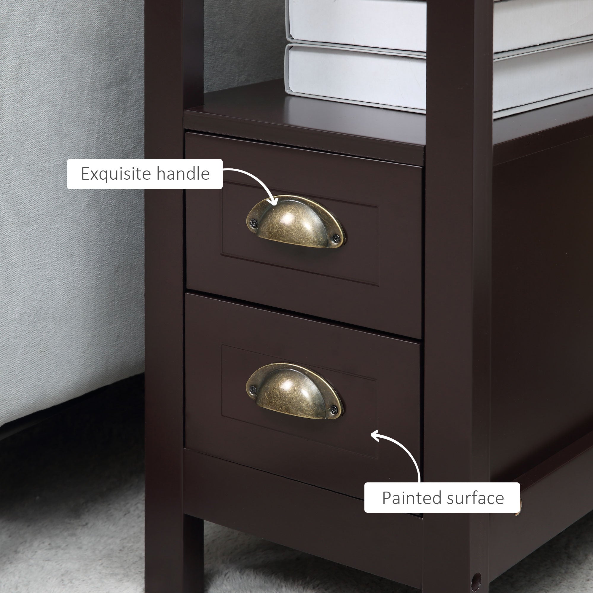 HOMCOM Slim End Table with 2 Drawers and Storage Shelf, Sofa Side Table for Living Room, Narrow Nightstand for Small Spaces, Coffee