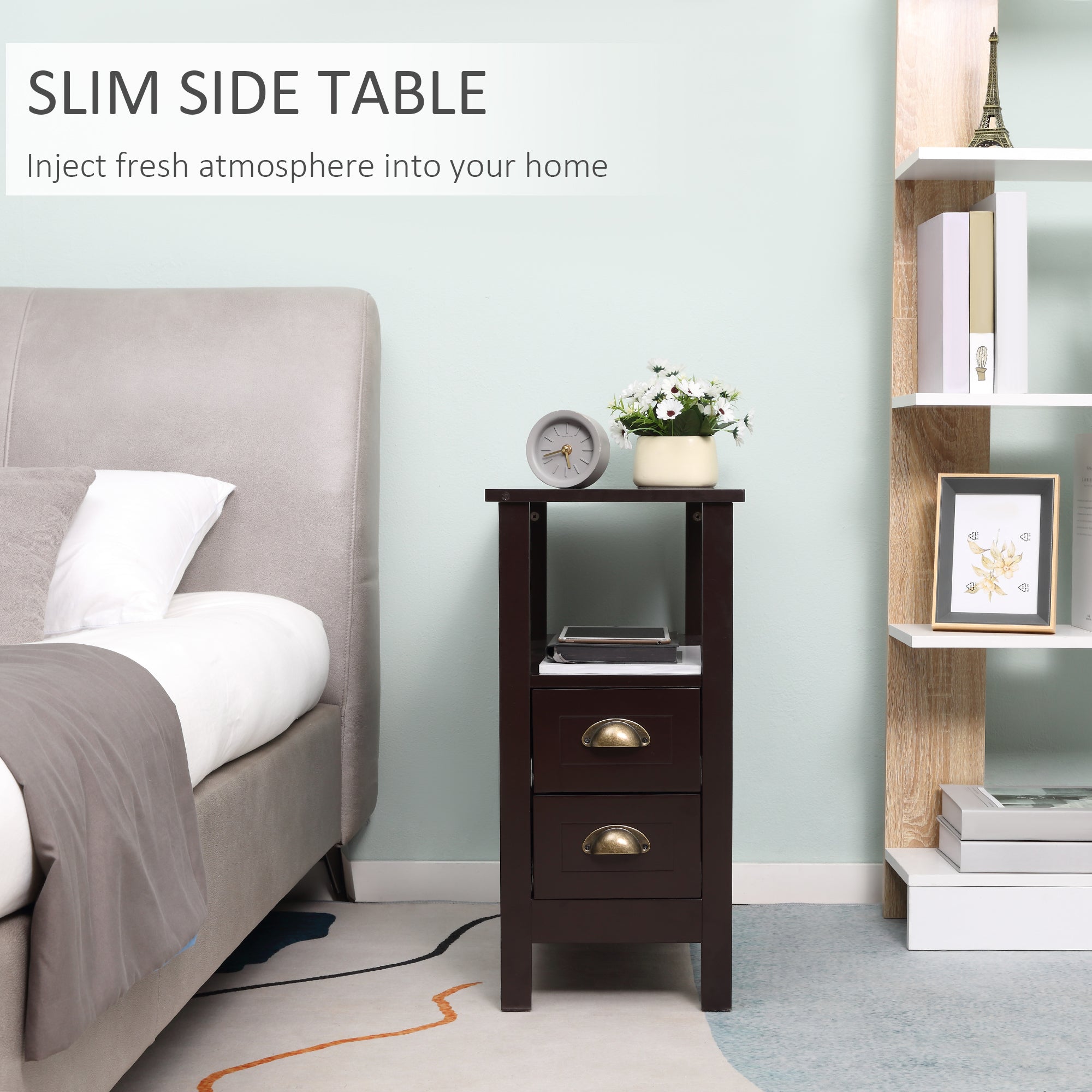 HOMCOM Slim End Table with 2 Drawers and Storage Shelf, Sofa Side Table for Living Room, Narrow Nightstand for Small Spaces, Coffee