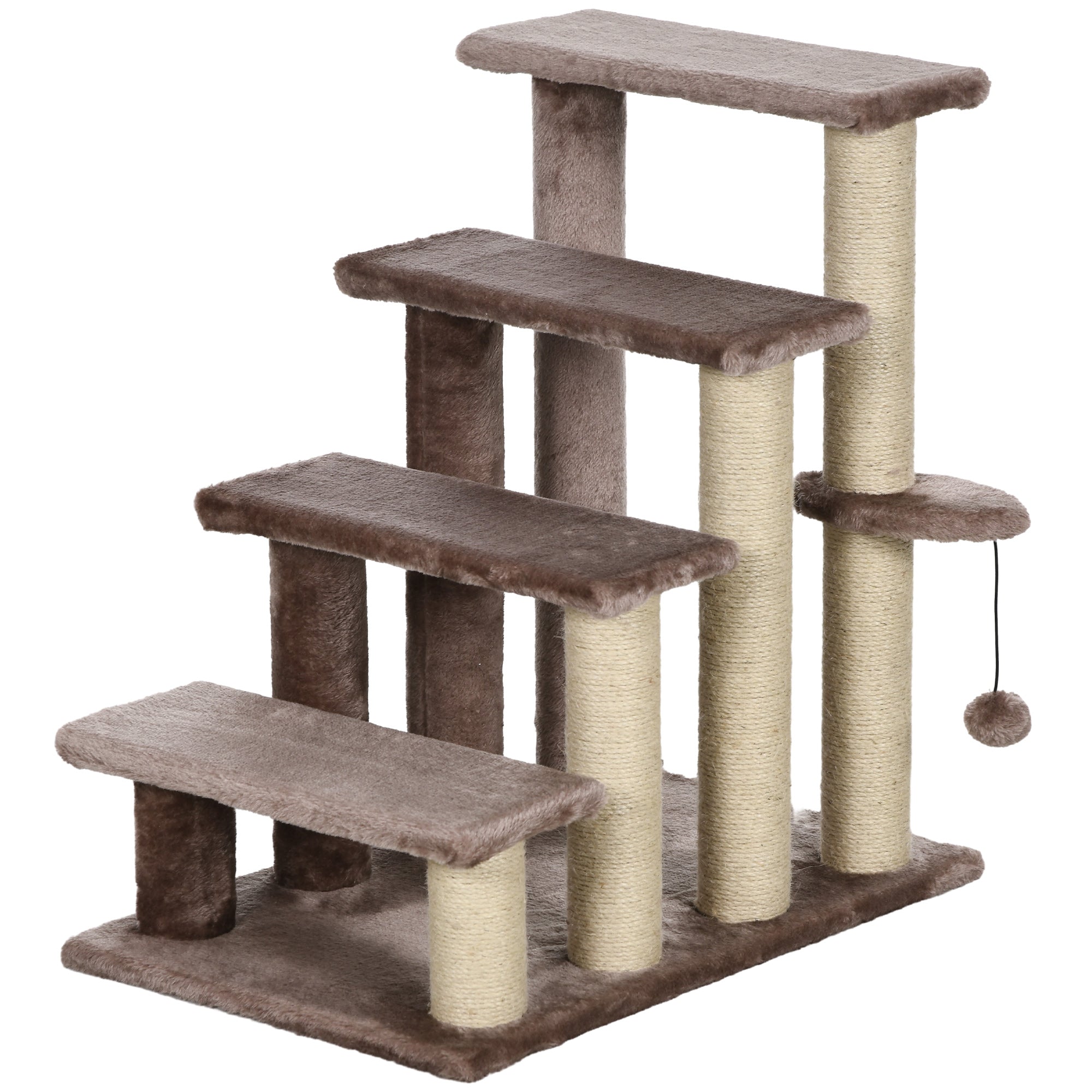 PawHut 4 Levels Cat Steps, Pet Stairs Carpeted Ladder, Kitten Tree Climber with Scratching Posts, Hanging Play Ball, Side Step, for High Bed, Sofa, Brown