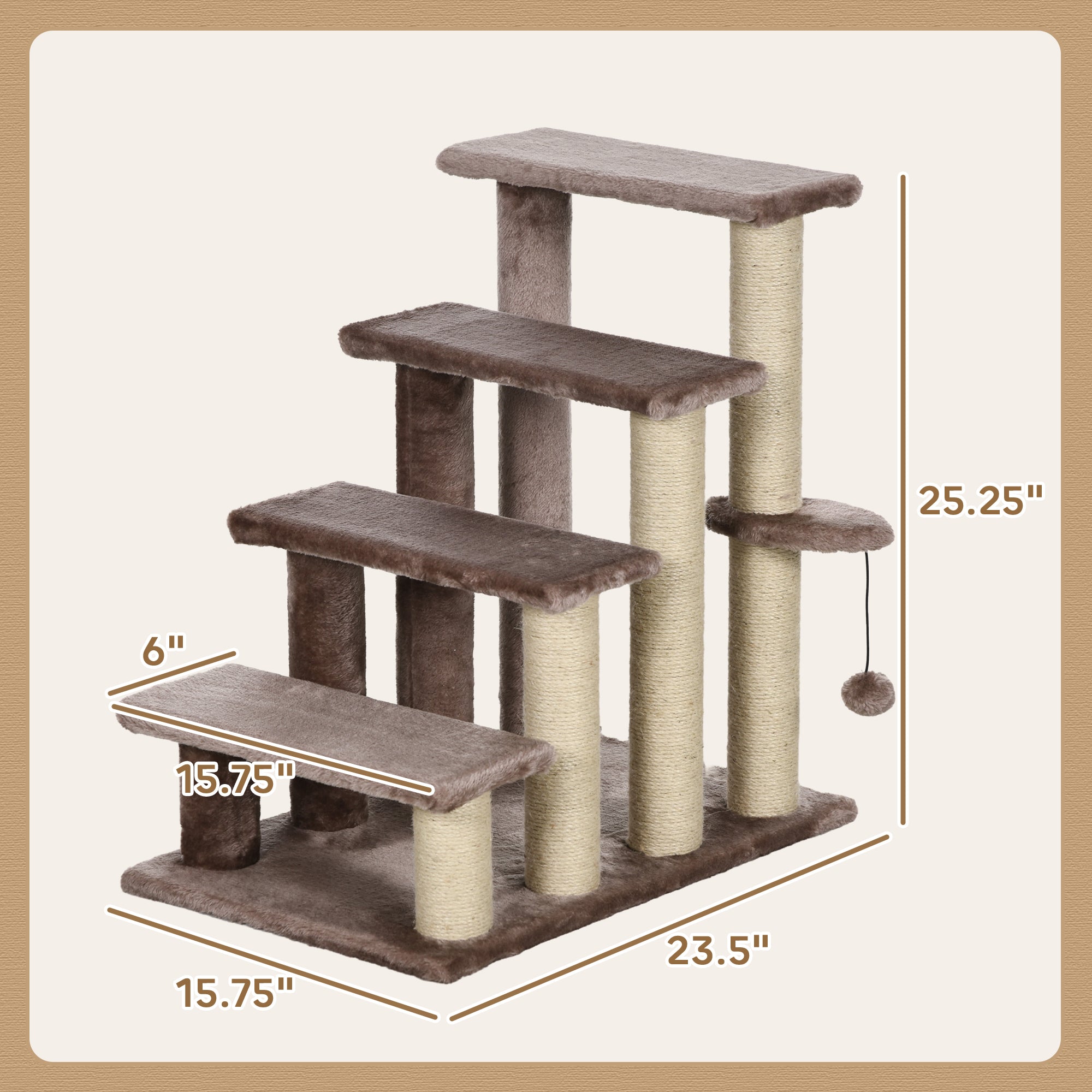 PawHut 4 Levels Cat Steps, Pet Stairs Carpeted Ladder, Kitten Tree Climber with Scratching Posts, Hanging Play Ball, Side Step, for High Bed, Sofa, Brown