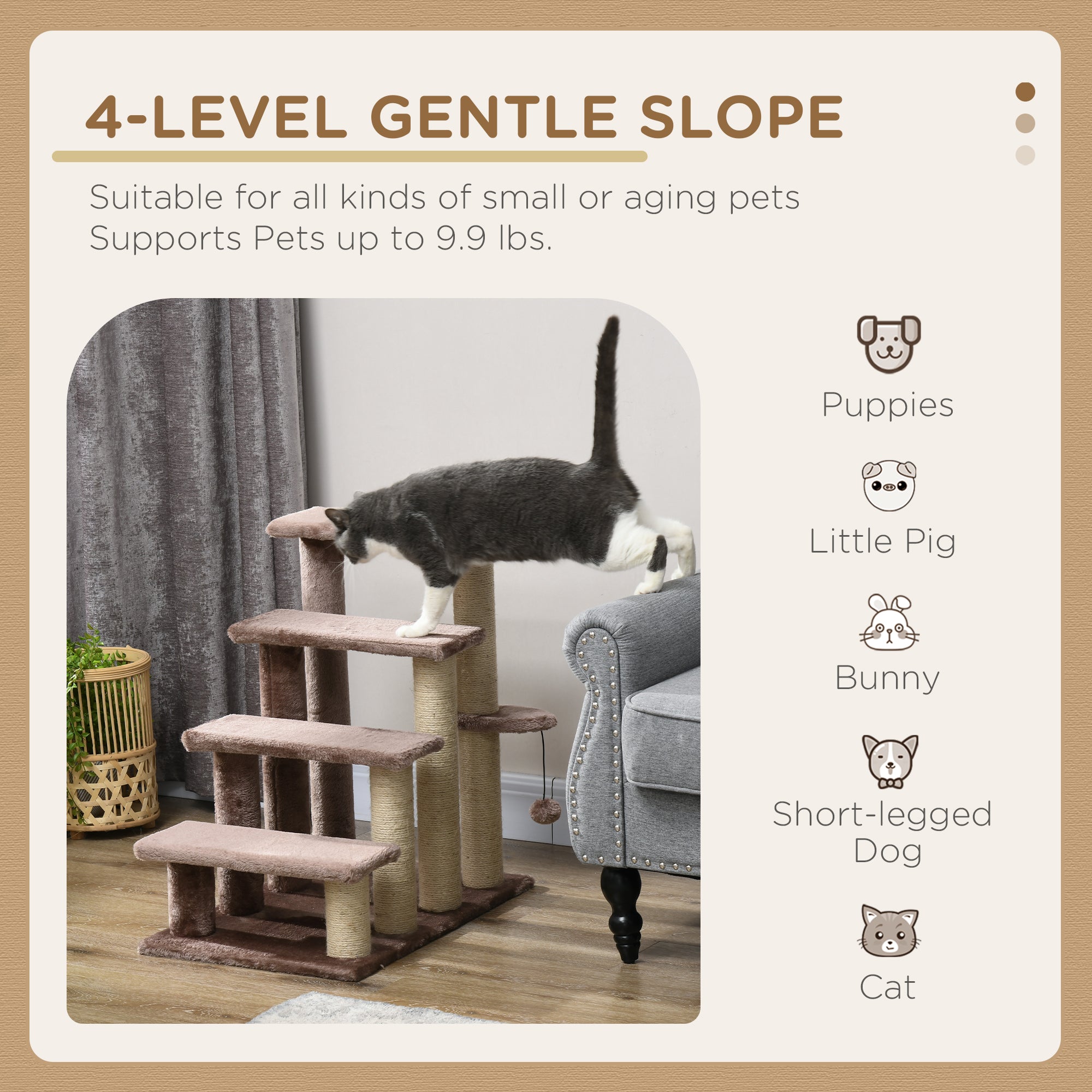 PawHut 4 Levels Cat Steps, Pet Stairs Carpeted Ladder, Kitten Tree Climber with Scratching Posts, Hanging Play Ball, Side Step, for High Bed, Sofa, Brown