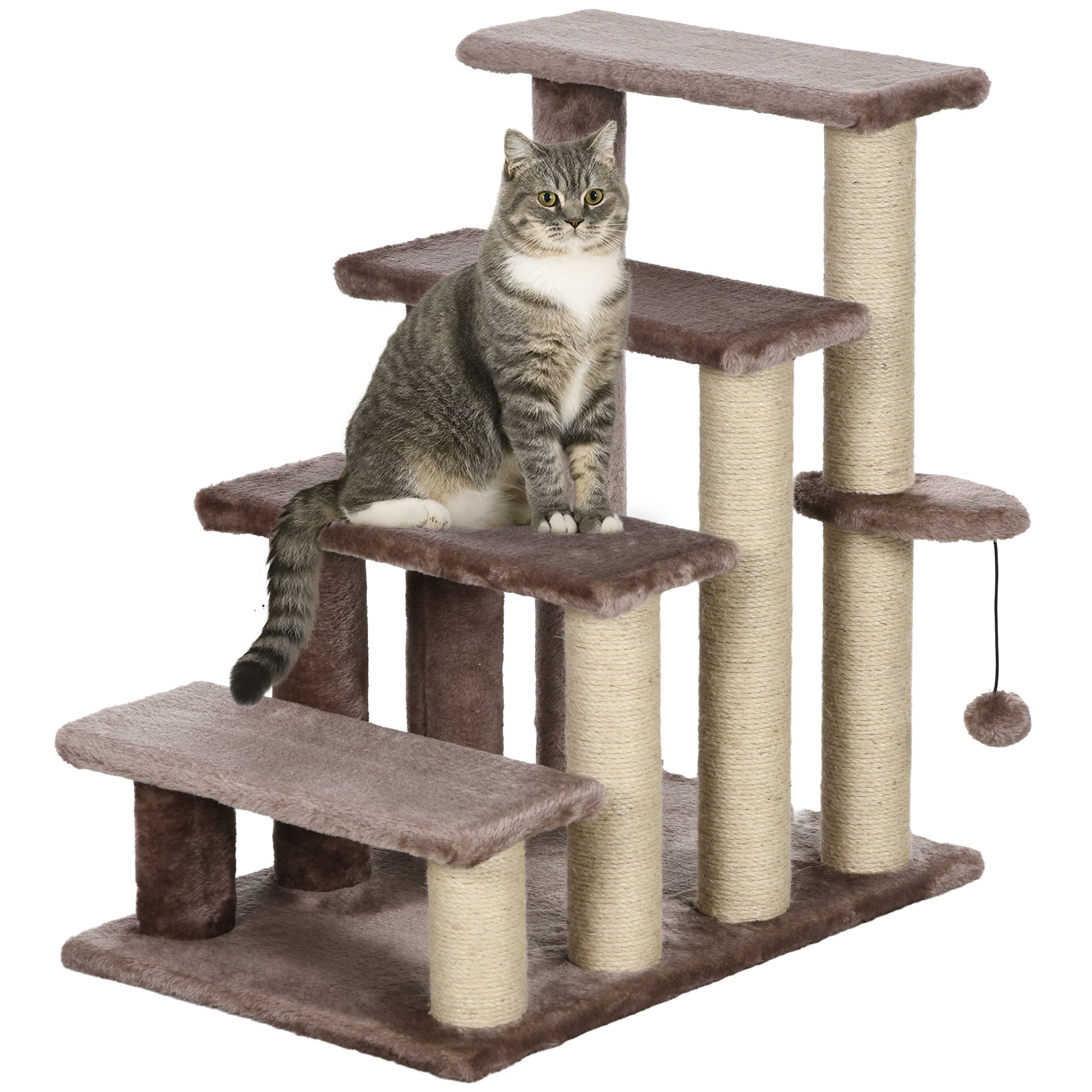 PawHut 4 Levels Cat Steps, Pet Stairs Carpeted Ladder, Kitten Tree Climber with Scratching Posts, Hanging Play Ball, Side Step, for High Bed, Sofa, Brown