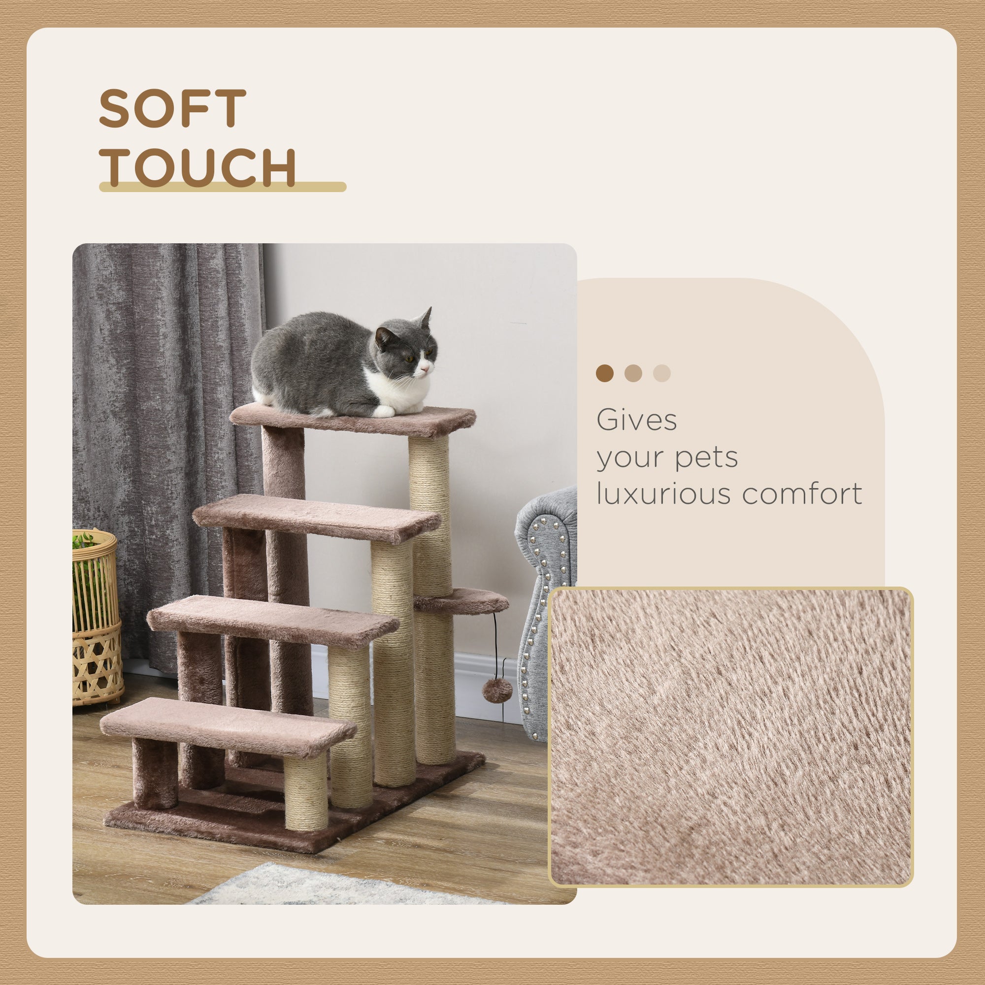 PawHut 4 Levels Cat Steps, Pet Stairs Carpeted Ladder, Kitten Tree Climber with Scratching Posts, Hanging Play Ball, Side Step, for High Bed, Sofa, Brown