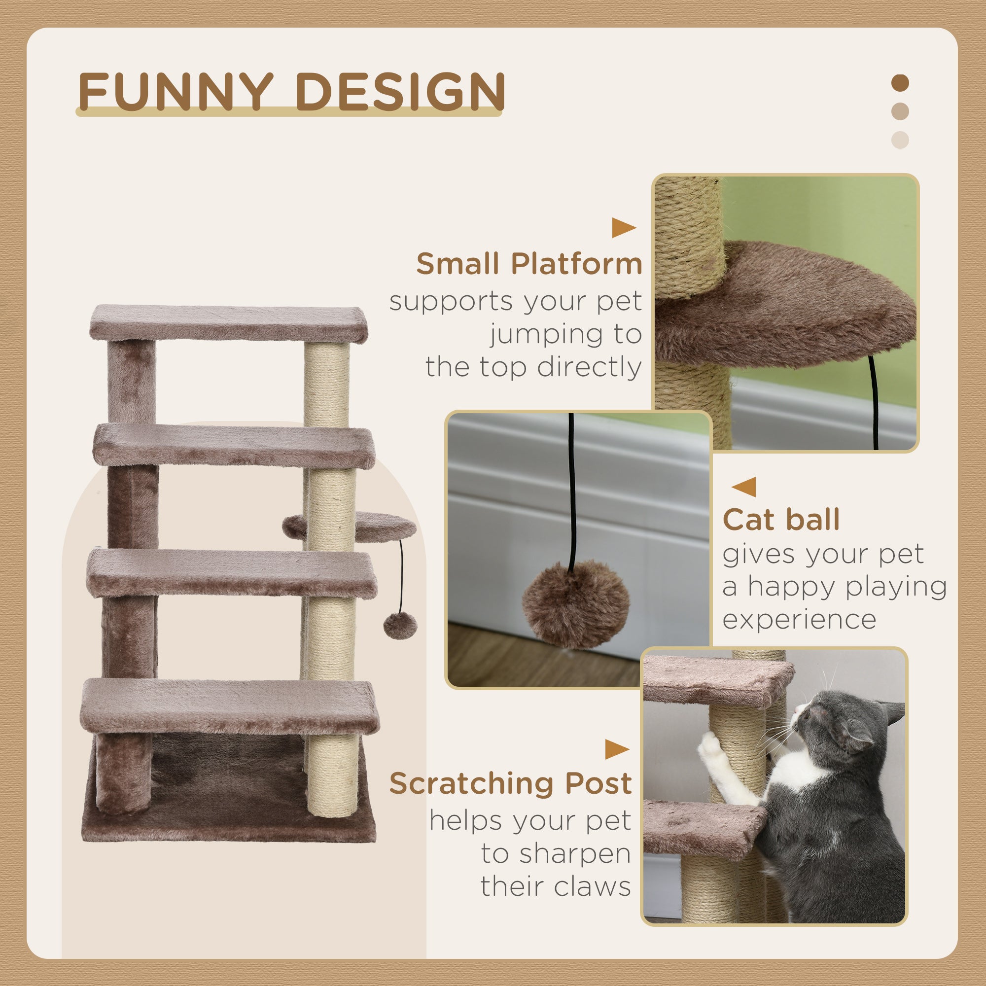 PawHut 4 Levels Cat Steps, Pet Stairs Carpeted Ladder, Kitten Tree Climber with Scratching Posts, Hanging Play Ball, Side Step, for High Bed, Sofa, Brown