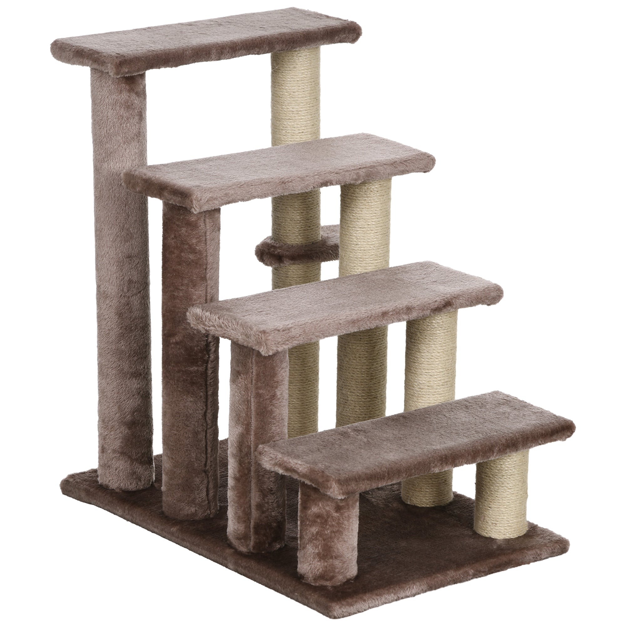 PawHut 4 Levels Cat Steps, Pet Stairs Carpeted Ladder, Kitten Tree Climber with Scratching Posts, Hanging Play Ball, Side Step, for High Bed, Sofa, Brown