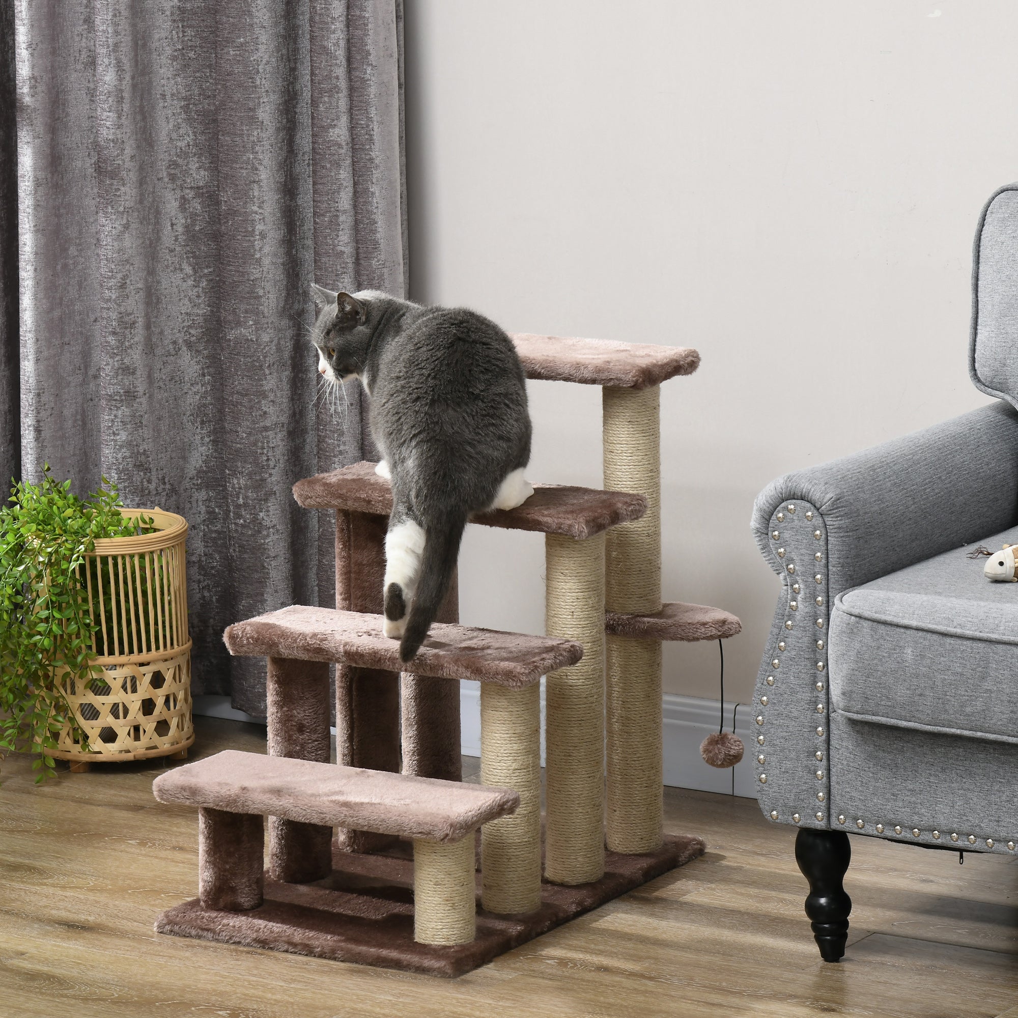 PawHut 4 Levels Cat Steps, Pet Stairs Carpeted Ladder, Kitten Tree Climber with Scratching Posts, Hanging Play Ball, Side Step, for High Bed, Sofa, Brown