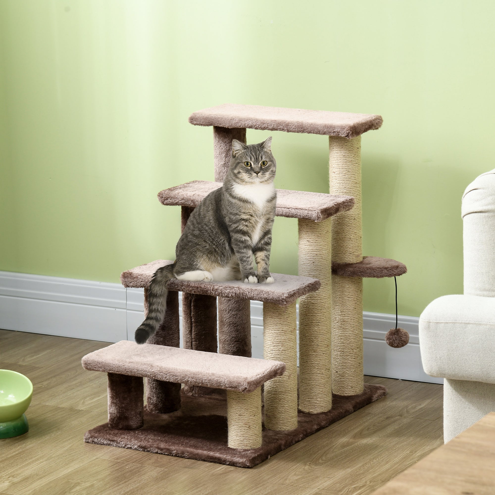 PawHut 4 Levels Cat Steps, Pet Stairs Carpeted Ladder, Kitten Tree Climber with Scratching Posts, Hanging Play Ball, Side Step, for High Bed, Sofa, Brown
