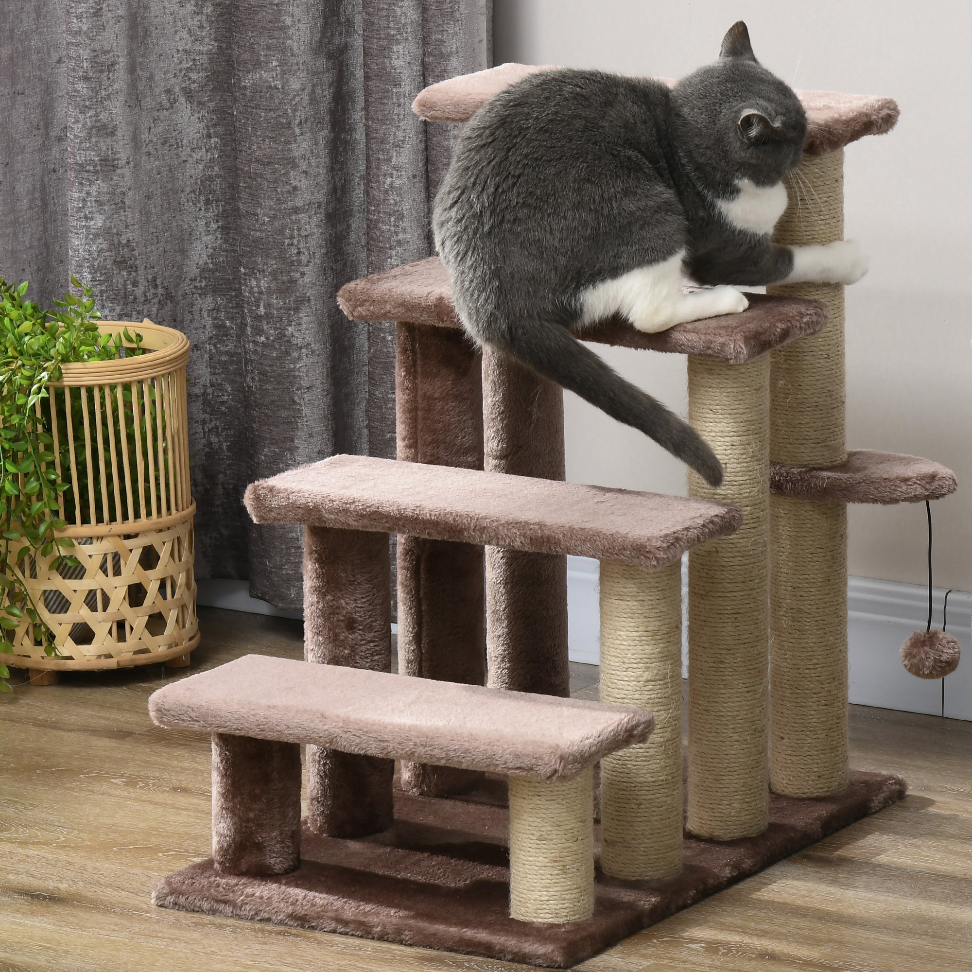 PawHut 4 Levels Cat Steps, Pet Stairs Carpeted Ladder, Kitten Tree Climber with Scratching Posts, Hanging Play Ball, Side Step, for High Bed, Sofa, Brown