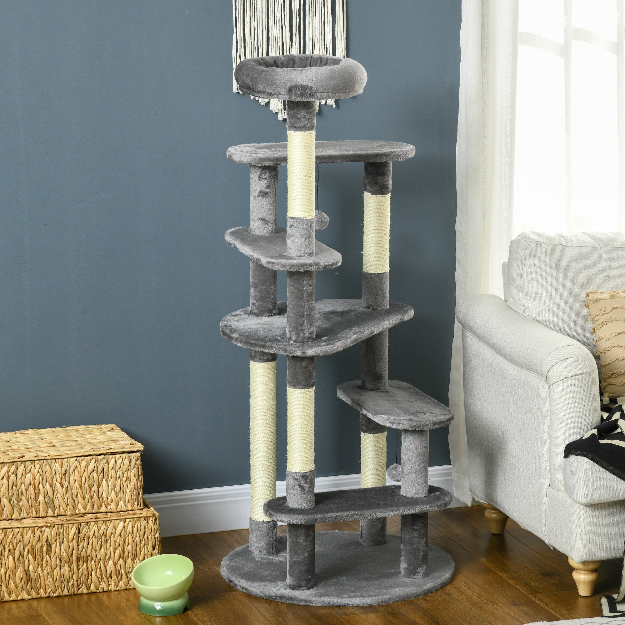 PawHut 136cm Cat Tree for Indoor Cats, Cat Tower with Scratching Posts, Cat Bed, Toy Ball - Grey