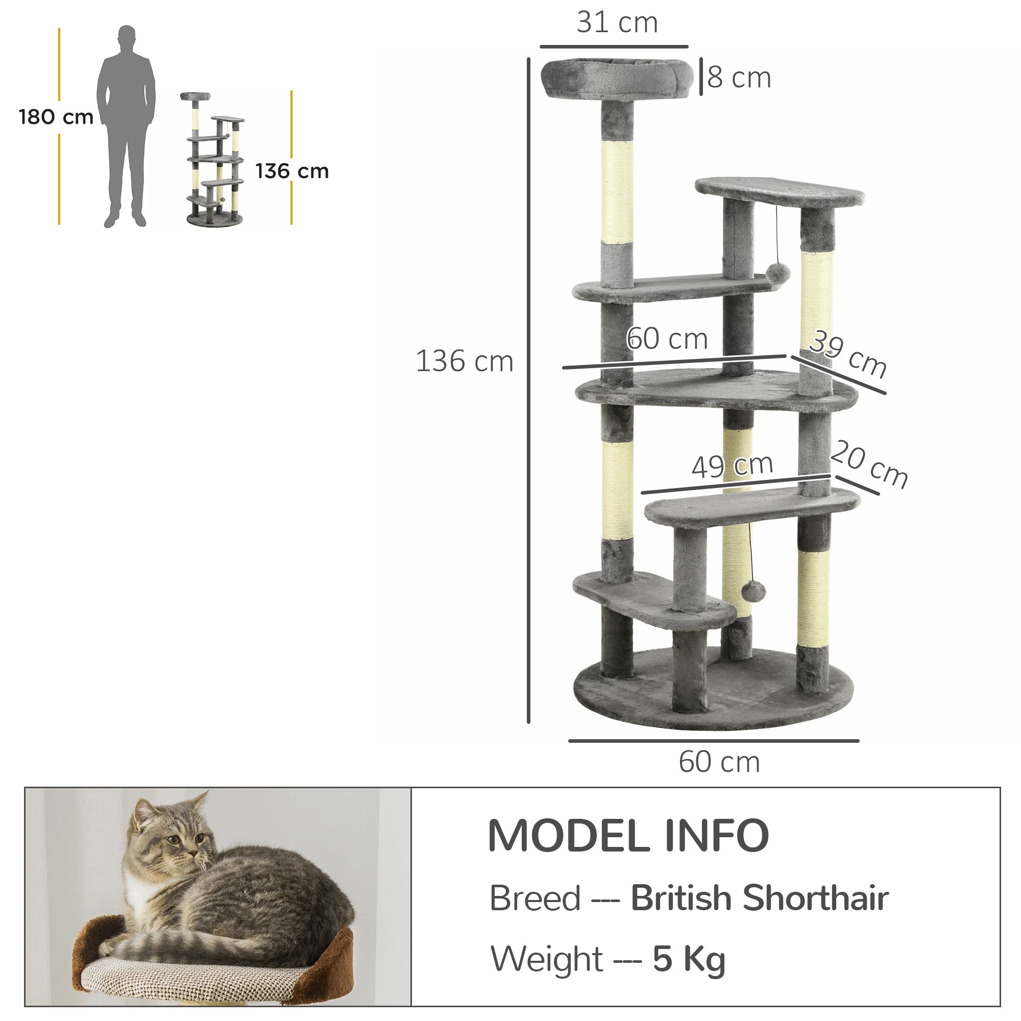 PawHut 136cm Cat Tree for Indoor Cats, Cat Tower with Scratching Posts, Cat Bed, Toy Ball - Grey