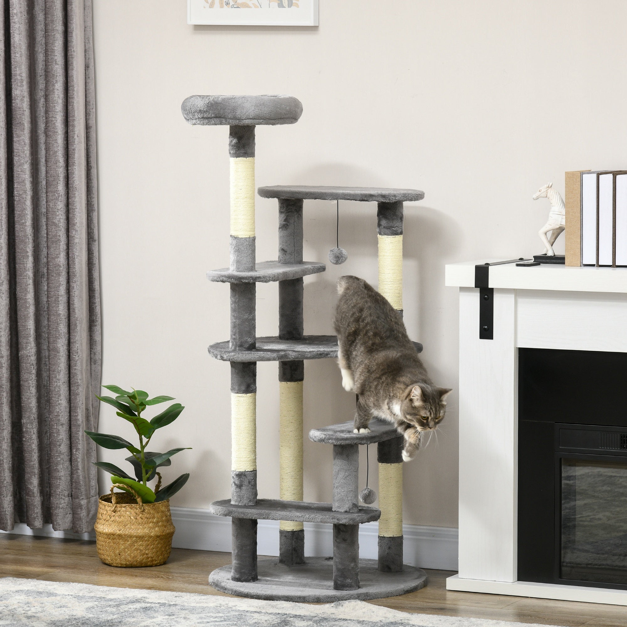 PawHut 136cm Cat Tree for Indoor Cats, Cat Tower with Scratching Posts, Cat Bed, Toy Ball - Grey