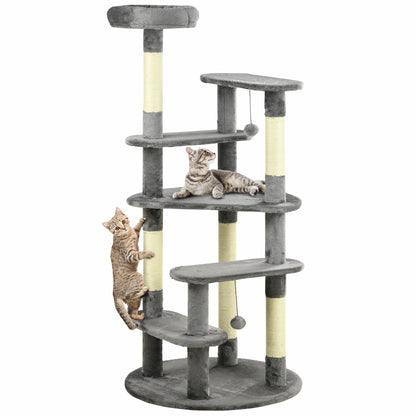 PawHut 136cm Cat Tree for Indoor Cats, Cat Tower with Scratching Posts, Cat Bed, Toy Ball - Grey