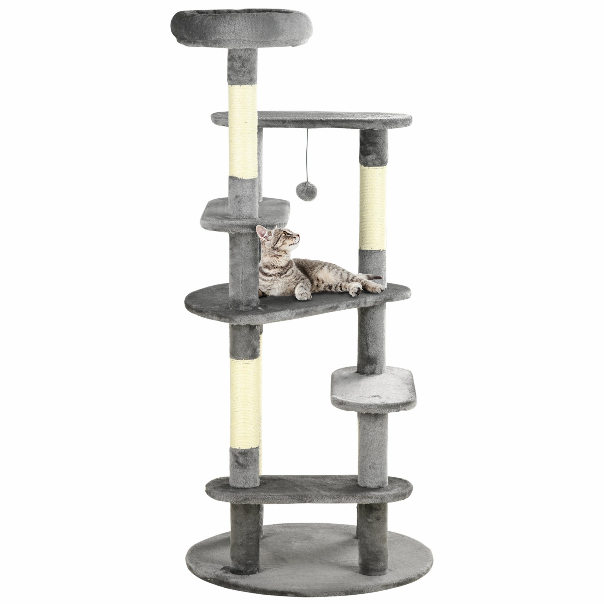 PawHut 136cm Cat Tree for Indoor Cats, Cat Tower with Scratching Posts, Cat Bed, Toy Ball - Grey