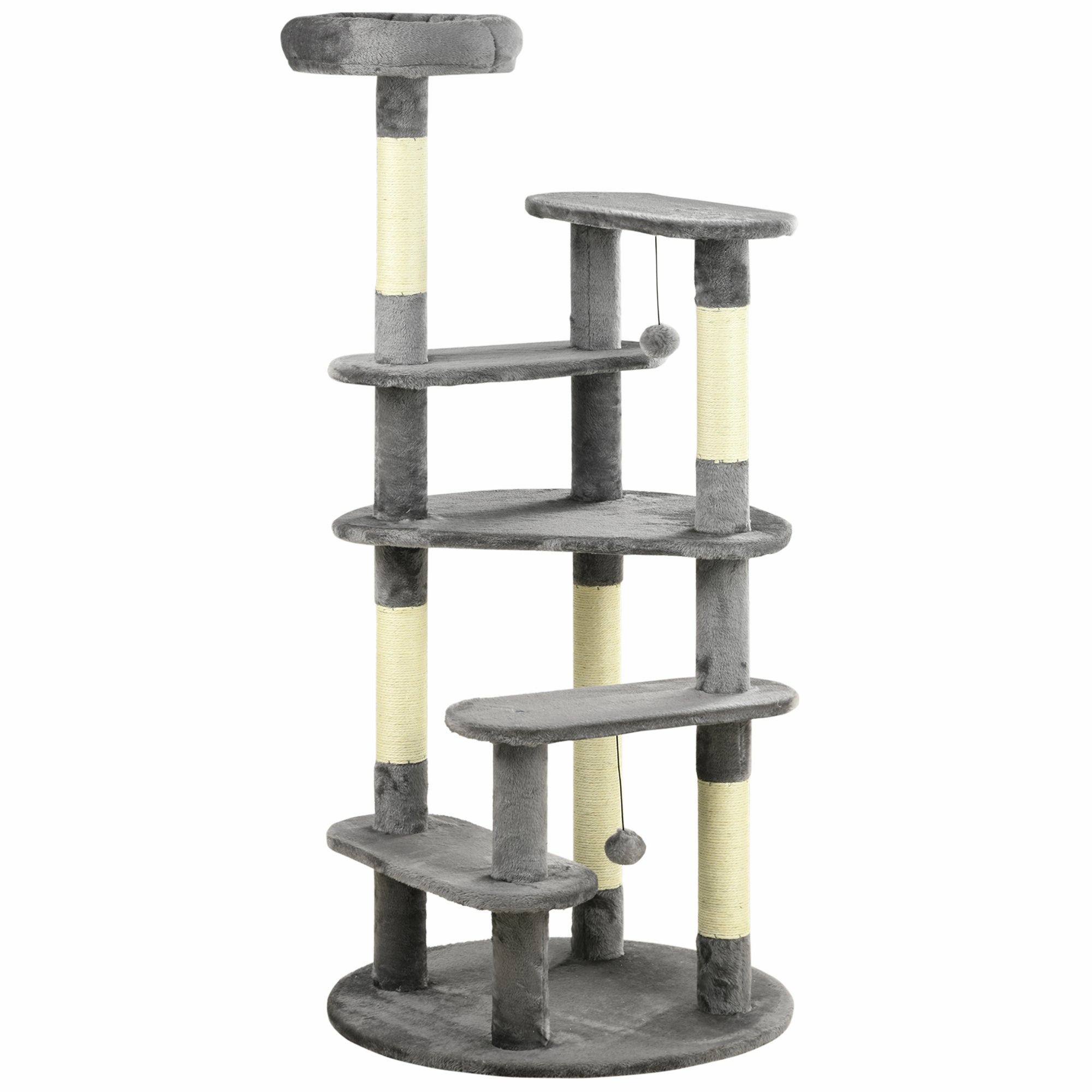 PawHut 136cm Cat Tree for Indoor Cats, Cat Tower with Scratching Posts, Cat Bed, Toy Ball - Grey