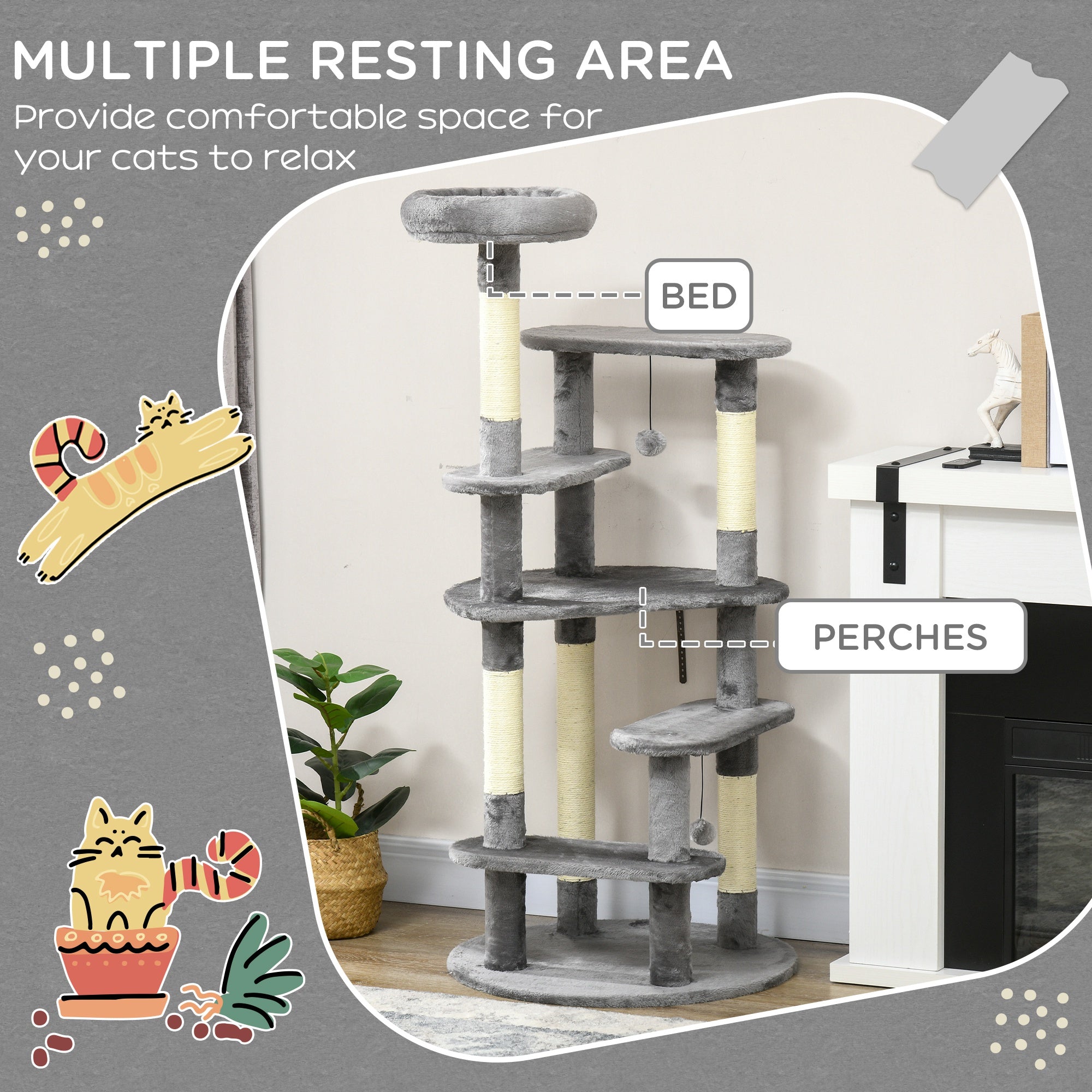 PawHut 136cm Cat Tree for Indoor Cats, Cat Tower with Scratching Posts, Cat Bed, Toy Ball - Grey