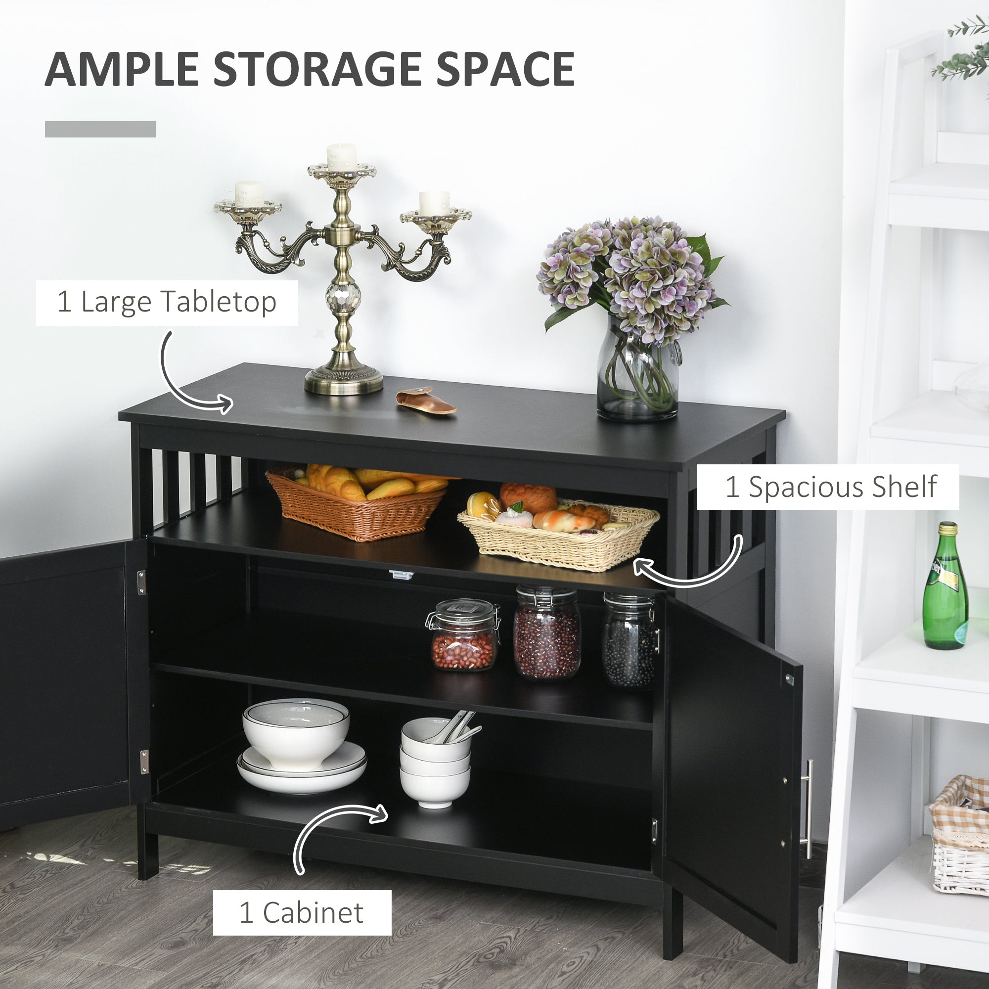 HOMCOM Kitchen Sideboard, Buffet Cabinet, Wooden Storage Console Table with 2-Level Cabinet and Open Shelf, Black