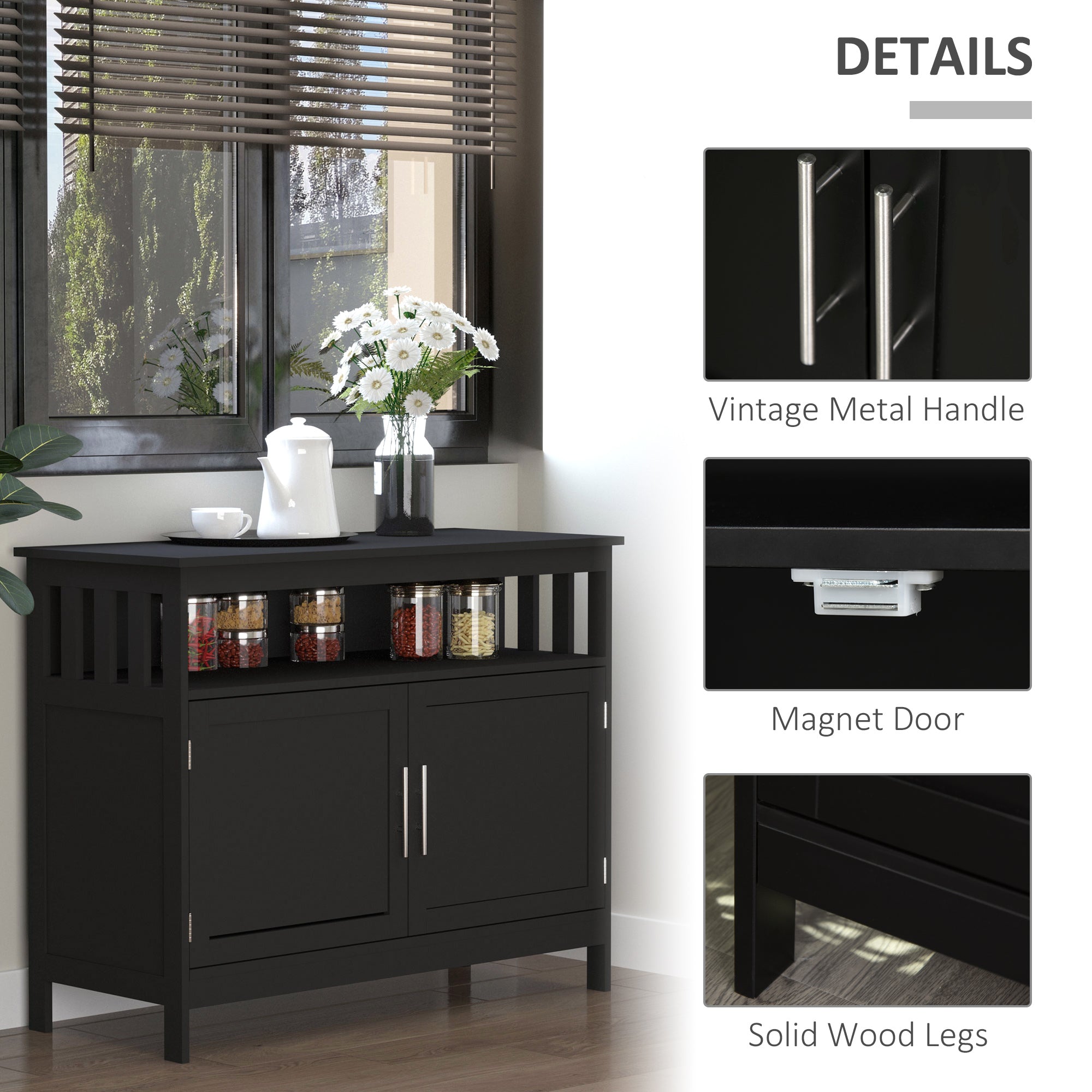 HOMCOM Kitchen Sideboard, Buffet Cabinet, Wooden Storage Console Table with 2-Level Cabinet and Open Shelf, Black