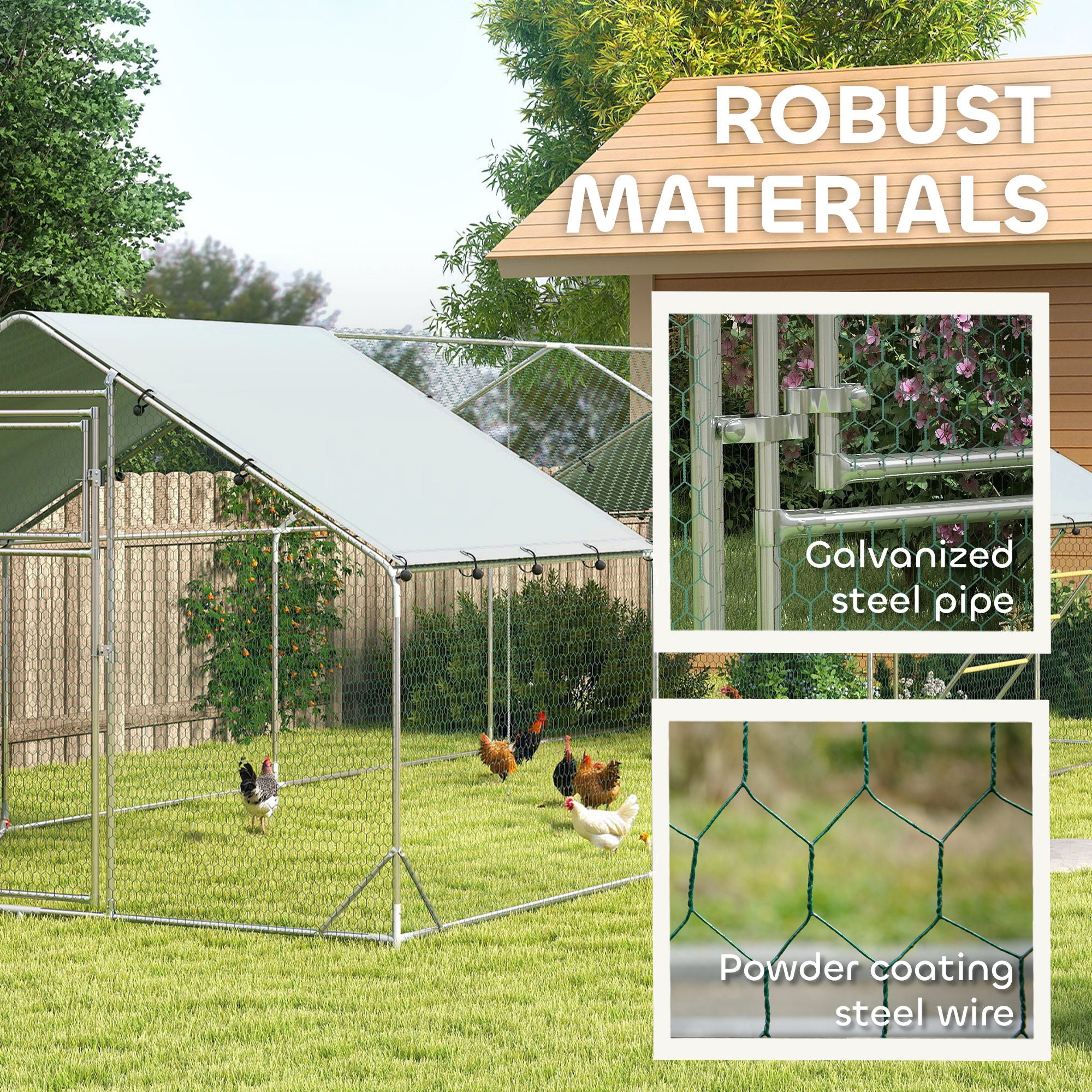 PawHut Chicken Run, Large Metal Chicken Coop with Waterproof & UV-Resistant Cover, Feeding Door, Hanging Feeder, Perch, Poultry Cage for Outdoor, Backyard, Farm, for 24-30 Chickens