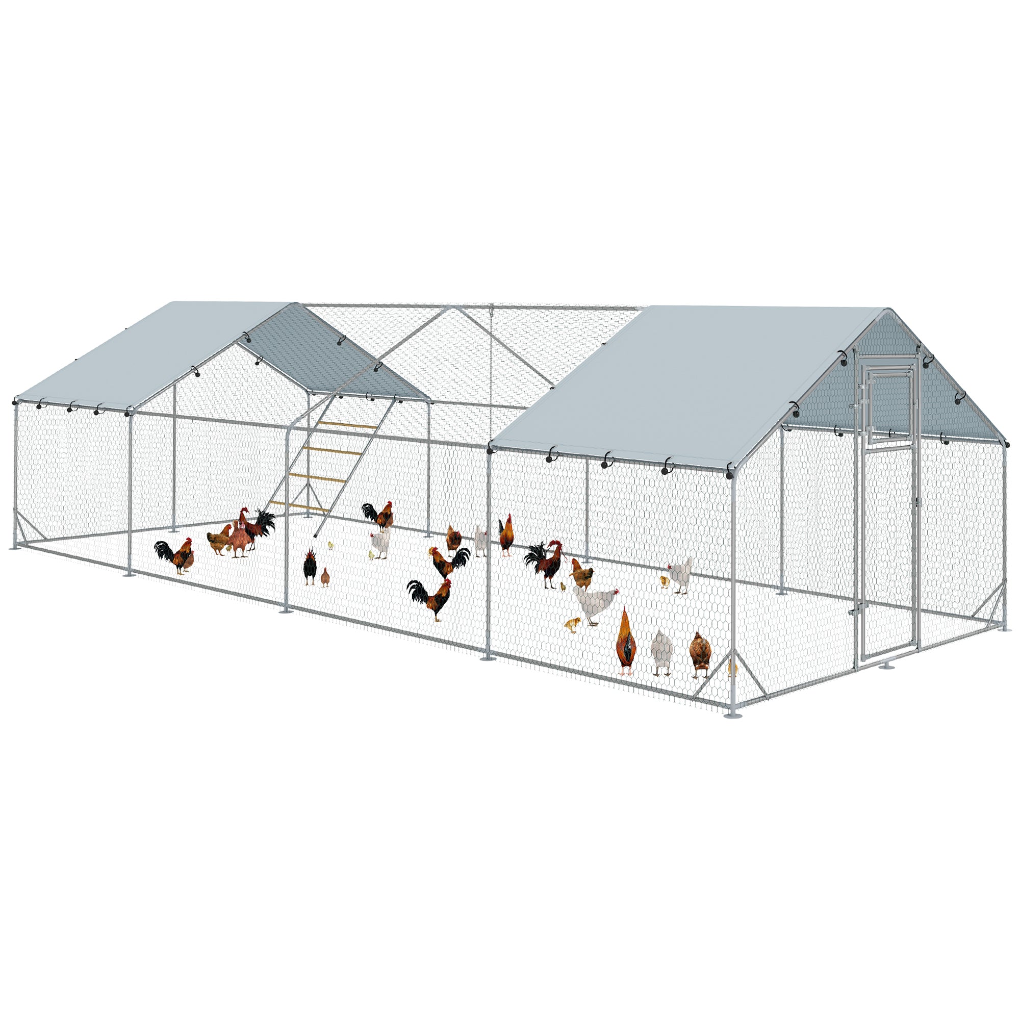 PawHut Chicken Run, Large Metal Chicken Coop with Waterproof & UV-Resistant Cover, Feeding Door, Hanging Feeder, Perch, Poultry Cage for Outdoor, Backyard, Farm, for 24-30 Chickens