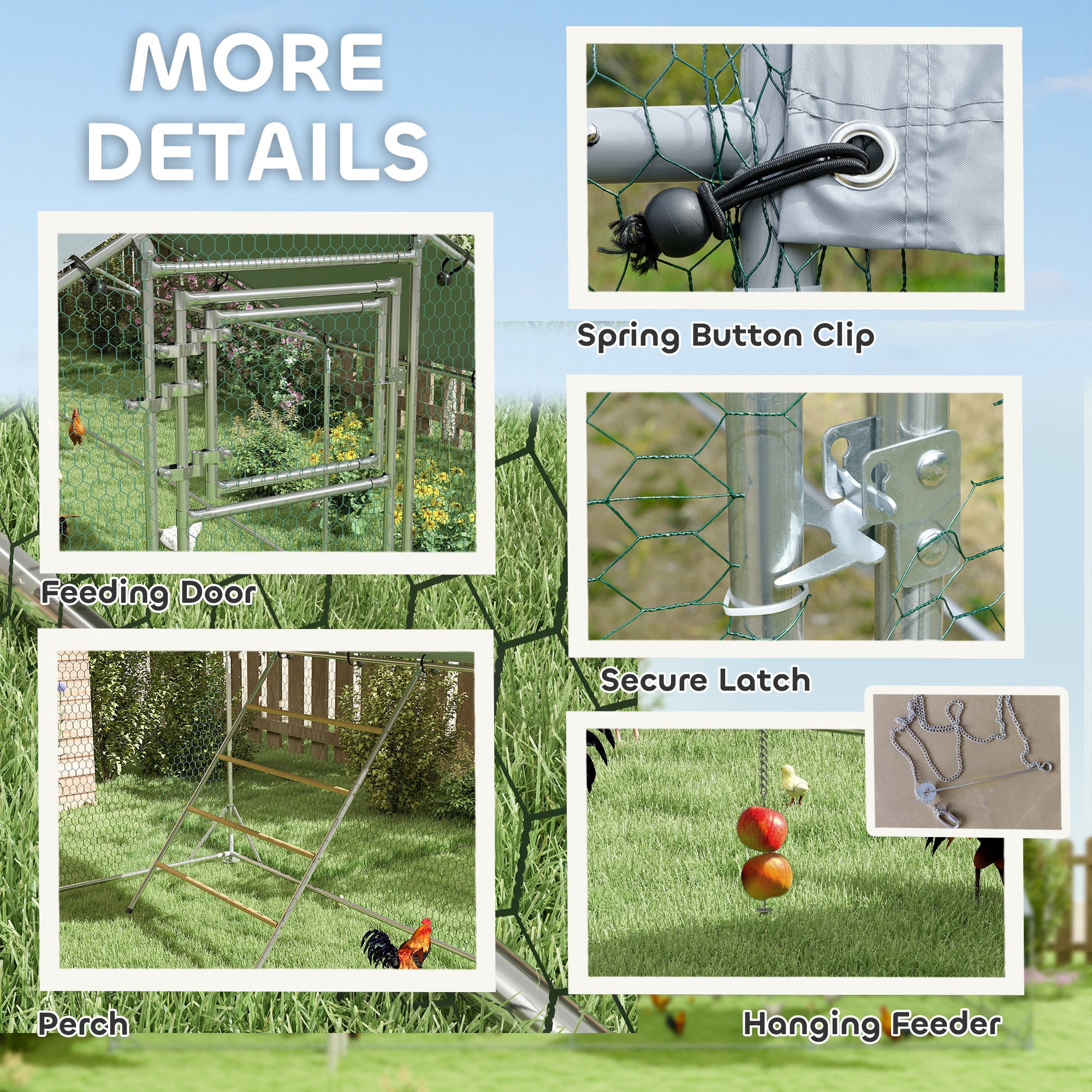 PawHut Chicken Run, Large Metal Chicken Coop with Waterproof & UV-Resistant Cover, Feeding Door, Hanging Feeder, Perch, Poultry Cage for Outdoor, Backyard, Farm, for 24-30 Chickens