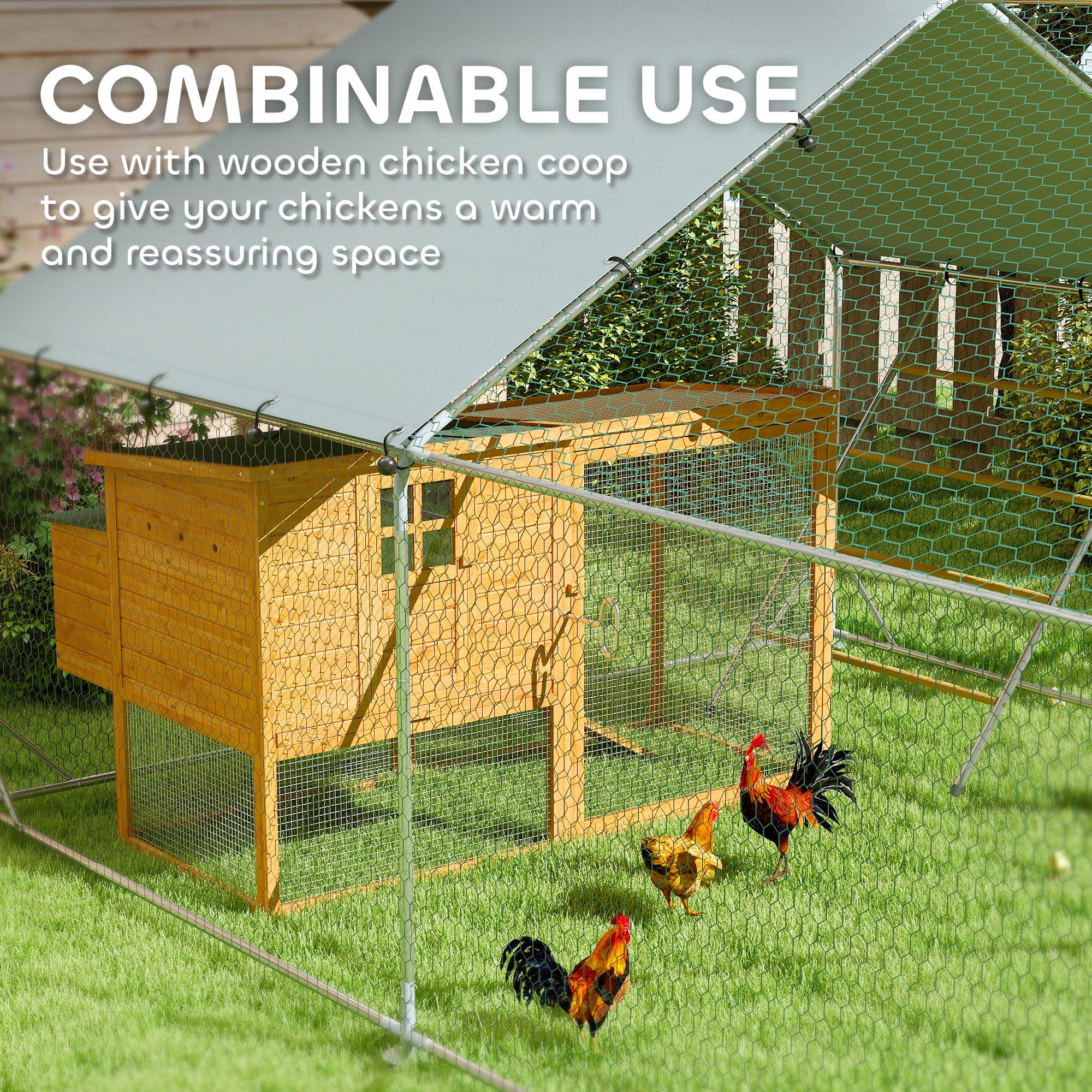 PawHut Chicken Run, Large Metal Chicken Coop with Waterproof & UV-Resistant Cover, Feeding Door, Hanging Feeder, Perch, Poultry Cage for Outdoor, Backyard, Farm, for 24-30 Chickens