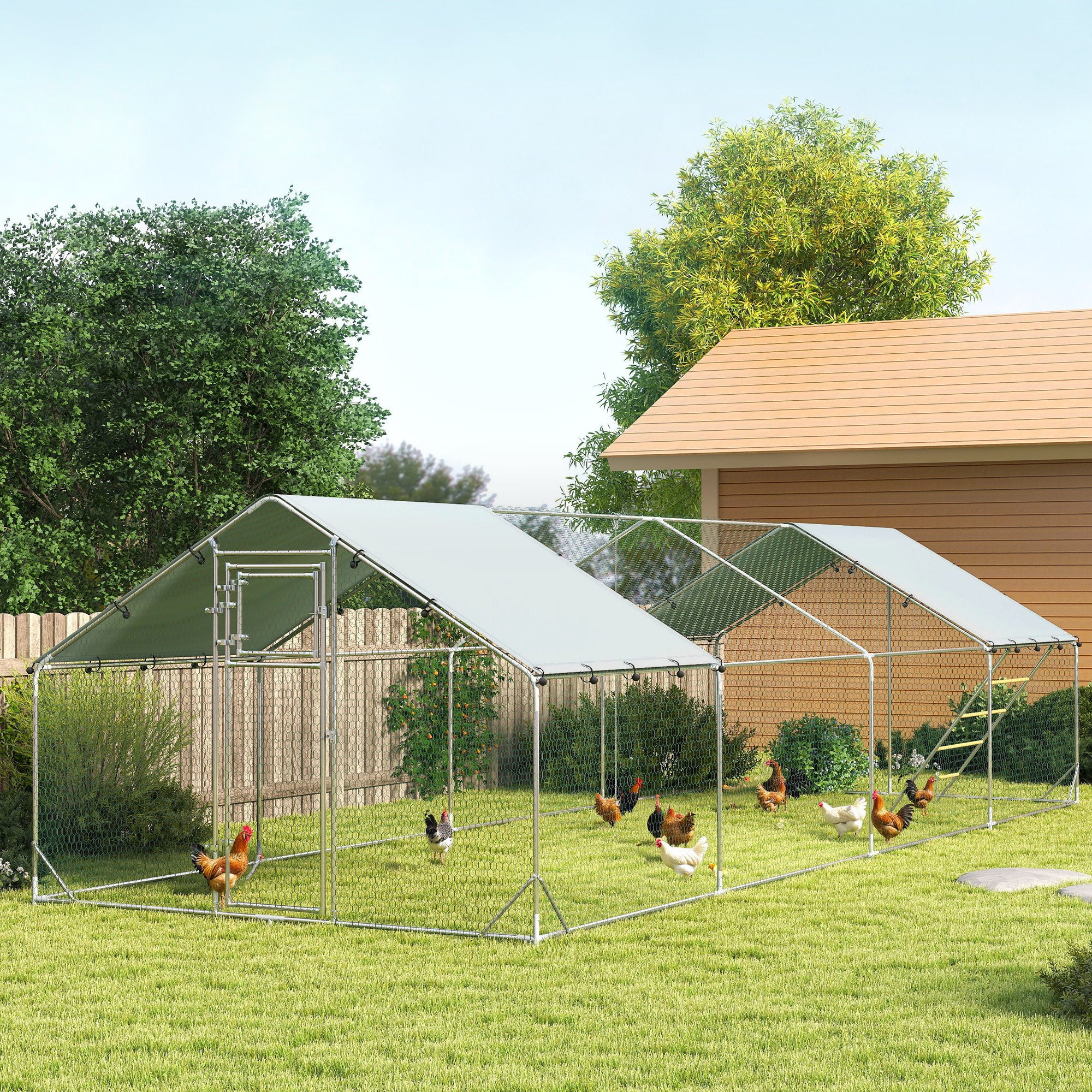 PawHut Chicken Run, Large Metal Chicken Coop with Waterproof & UV-Resistant Cover, Feeding Door, Hanging Feeder, Perch, Poultry Cage for Outdoor, Backyard, Farm, for 24-30 Chickens