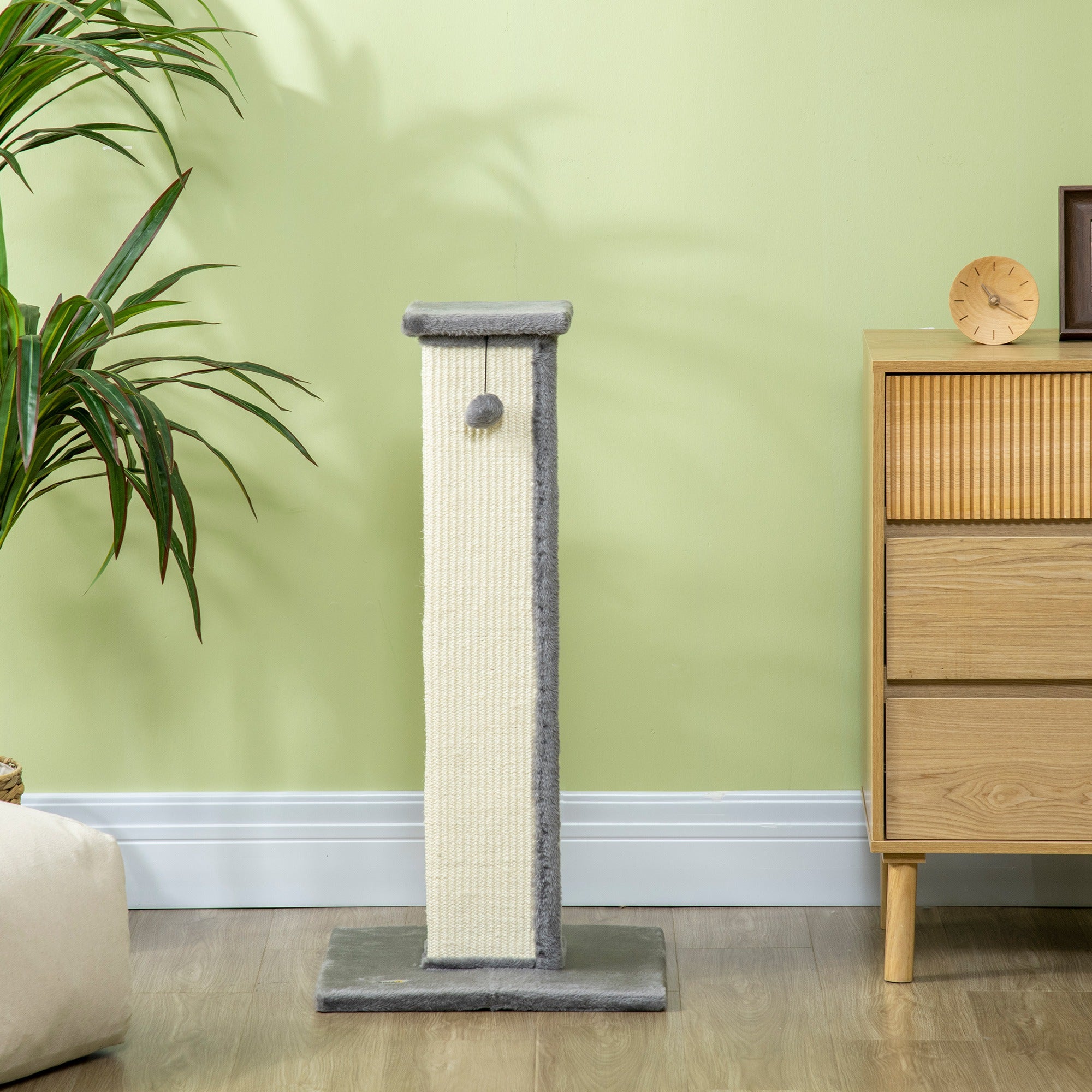 PawHut Cat Scratching Post for Indoor Cats, 81cm Cat Scratcher, Vertical Full Scratcher with Natural Sisal Rope, Hanging Ball and Soft Plush, Grey