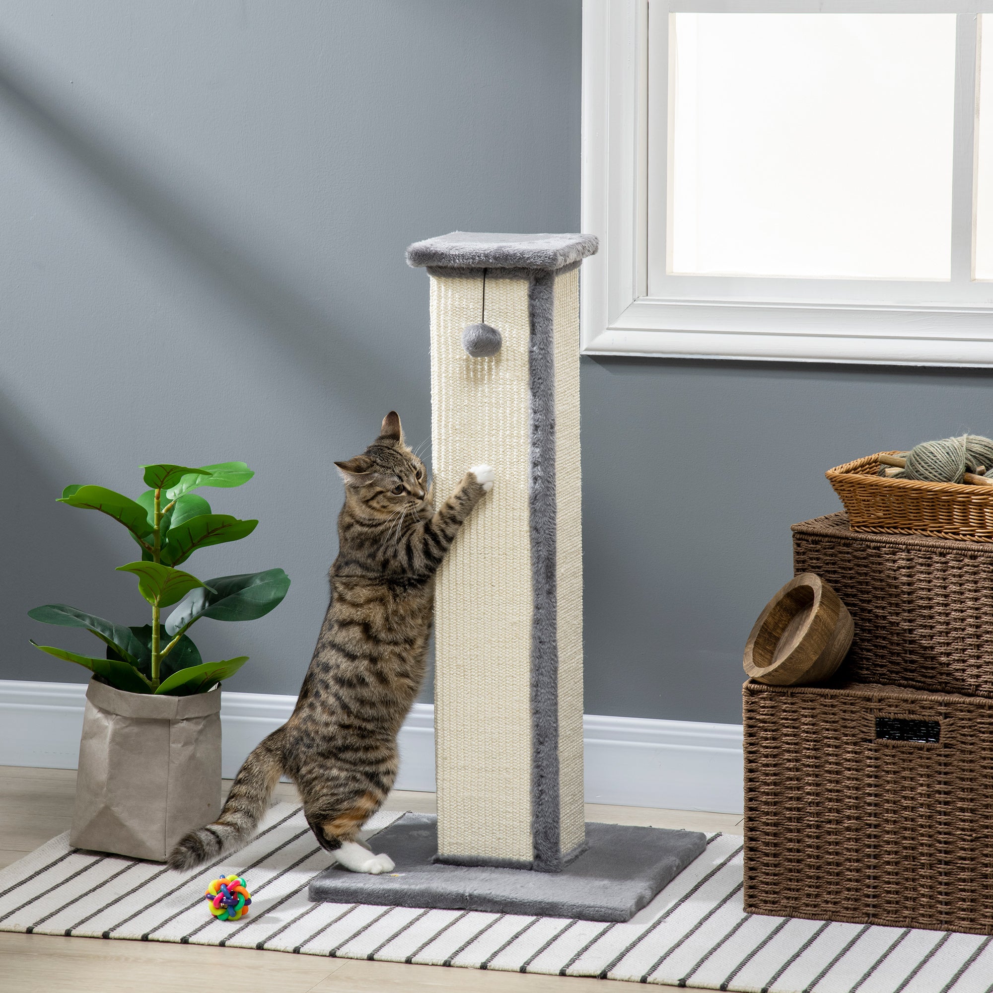 PawHut Cat Scratching Post for Indoor Cats, 81cm Cat Scratcher, Vertical Full Scratcher with Natural Sisal Rope, Hanging Ball and Soft Plush, Grey
