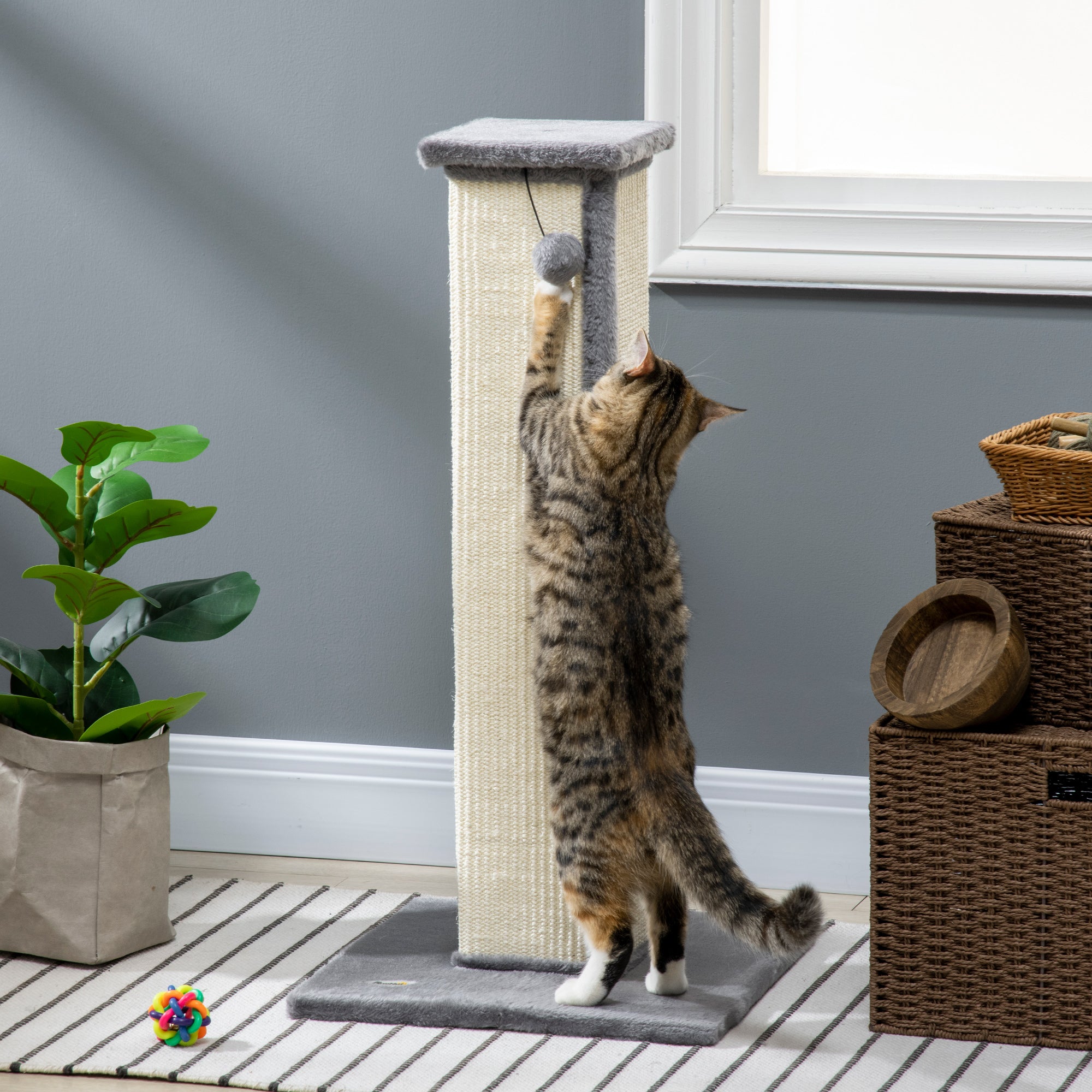 PawHut Cat Scratching Post for Indoor Cats, 81cm Cat Scratcher, Vertical Full Scratcher with Natural Sisal Rope, Hanging Ball and Soft Plush, Grey