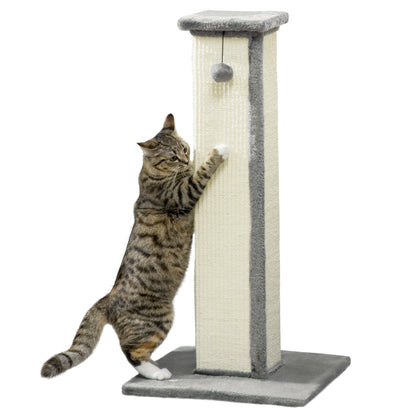 PawHut Cat Scratching Post for Indoor Cats, 81cm Cat Scratcher, Vertical Full Scratcher with Natural Sisal Rope, Hanging Ball and Soft Plush, Grey