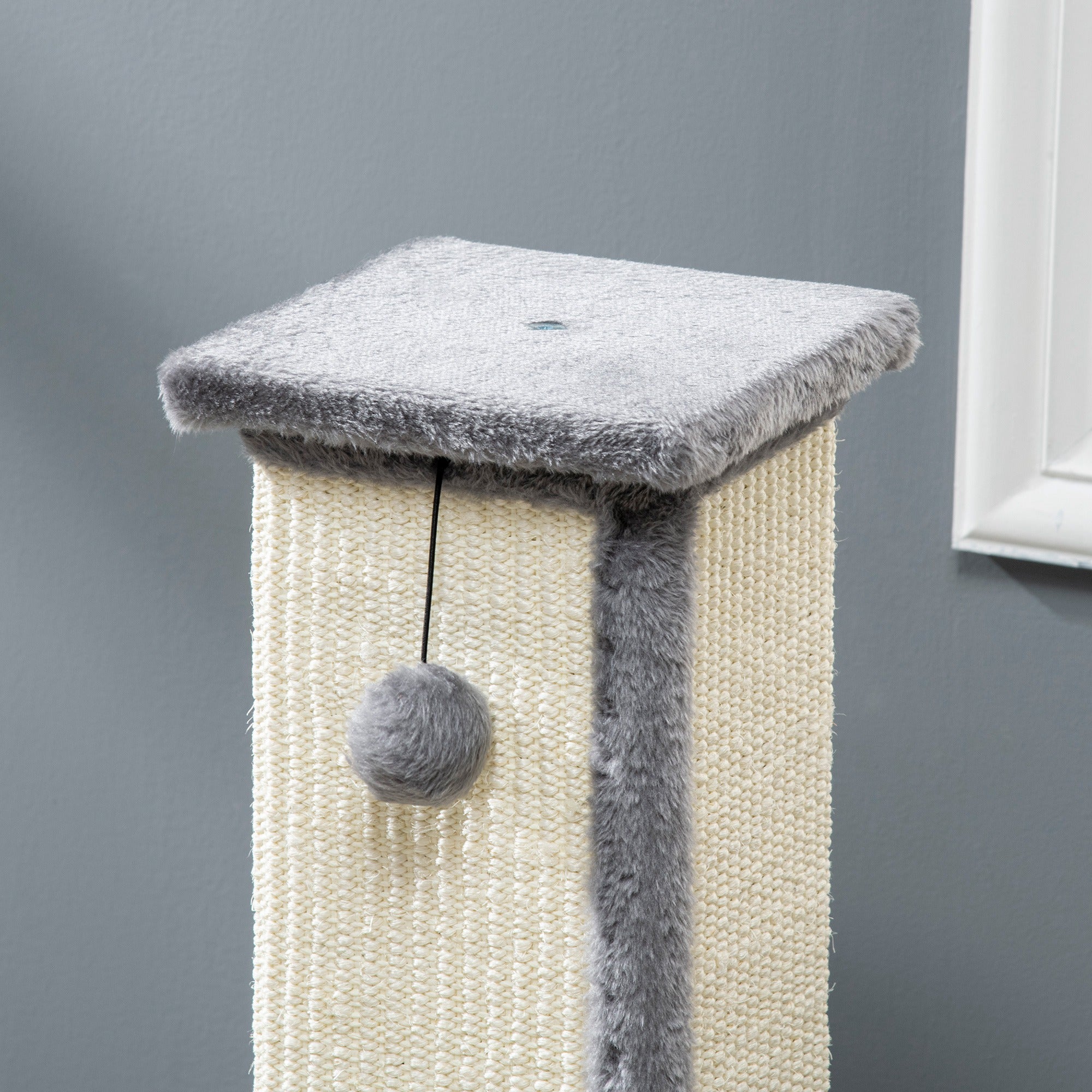 PawHut Cat Scratching Post for Indoor Cats, 81cm Cat Scratcher, Vertical Full Scratcher with Natural Sisal Rope, Hanging Ball and Soft Plush, Grey