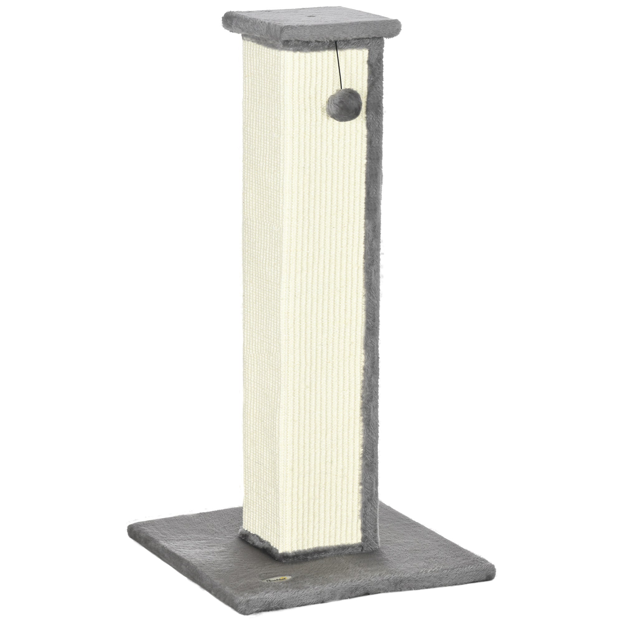PawHut Cat Scratching Post for Indoor Cats, 81cm Cat Scratcher, Vertical Full Scratcher with Natural Sisal Rope, Hanging Ball and Soft Plush, Grey