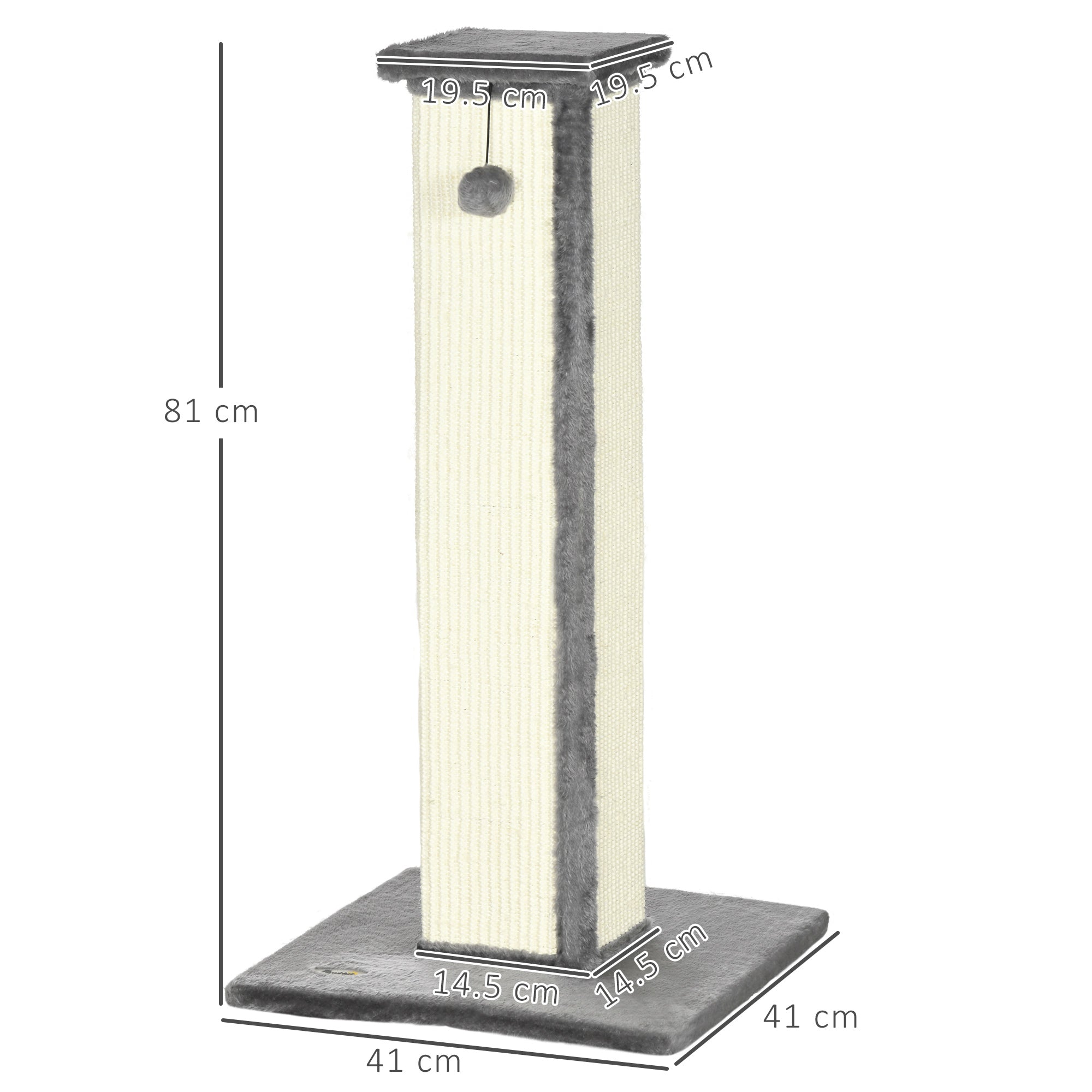 PawHut Cat Scratching Post for Indoor Cats, 81cm Cat Scratcher, Vertical Full Scratcher with Natural Sisal Rope, Hanging Ball and Soft Plush, Grey