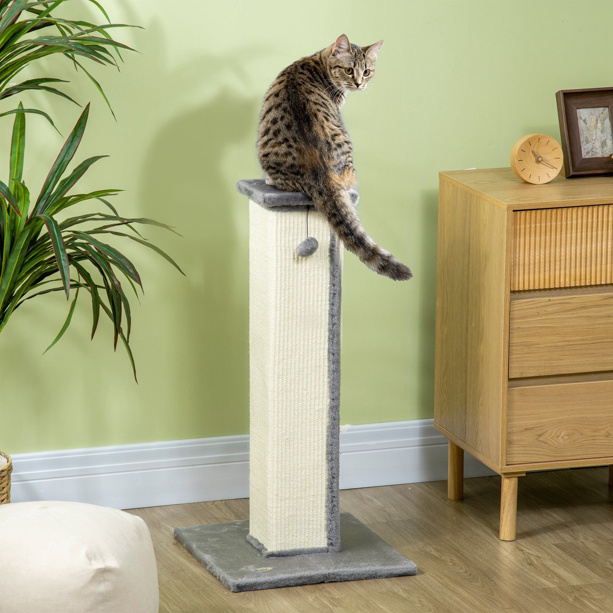 PawHut Cat Scratching Post for Indoor Cats, 81cm Cat Scratcher, Vertical Full Scratcher with Natural Sisal Rope, Hanging Ball and Soft Plush, Grey