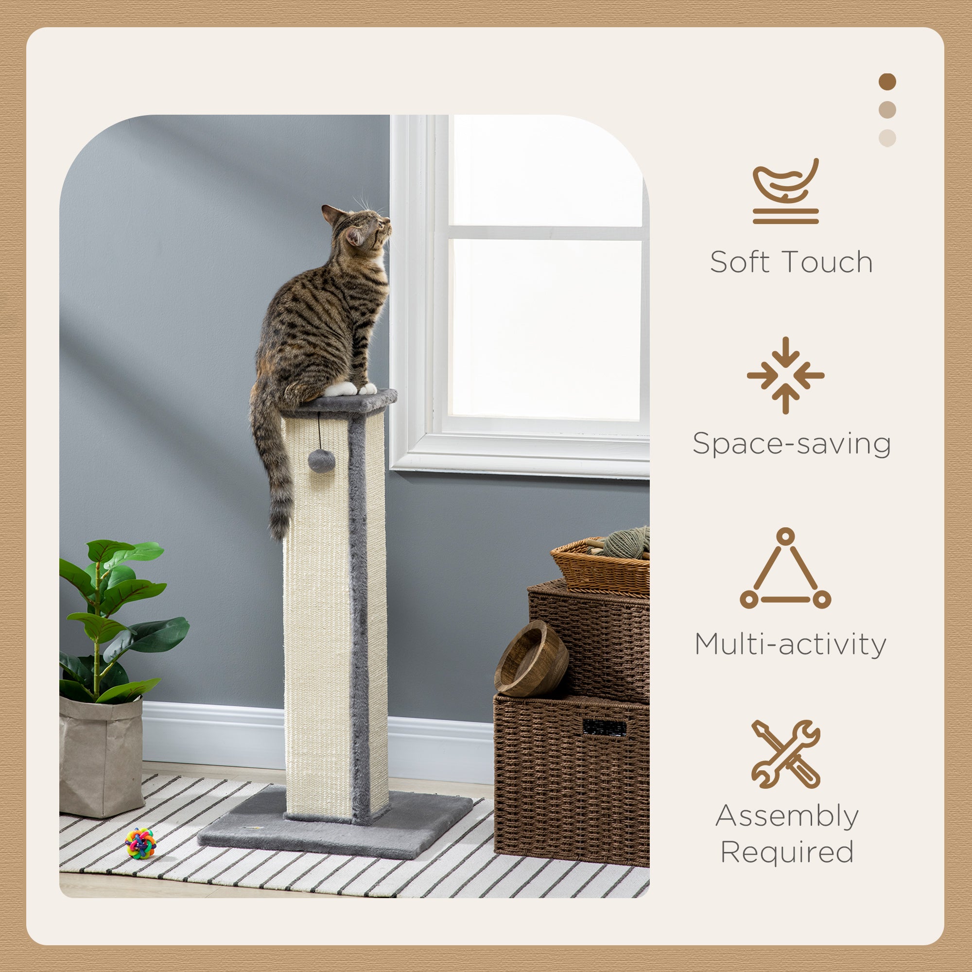 PawHut Cat Scratching Post for Indoor Cats, 81cm Cat Scratcher, Vertical Full Scratcher with Natural Sisal Rope, Hanging Ball and Soft Plush, Grey