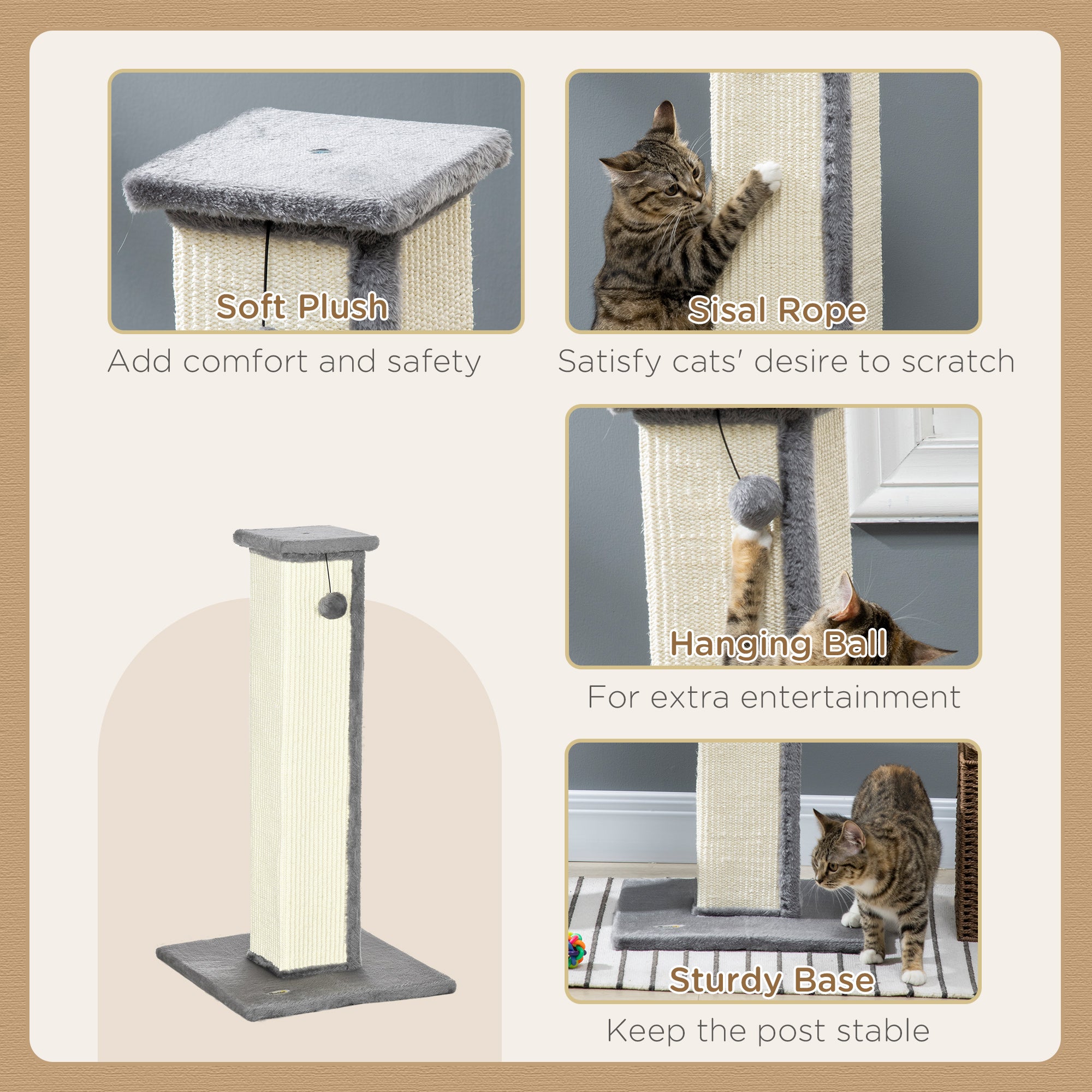 PawHut Cat Scratching Post for Indoor Cats, 81cm Cat Scratcher, Vertical Full Scratcher with Natural Sisal Rope, Hanging Ball and Soft Plush, Grey