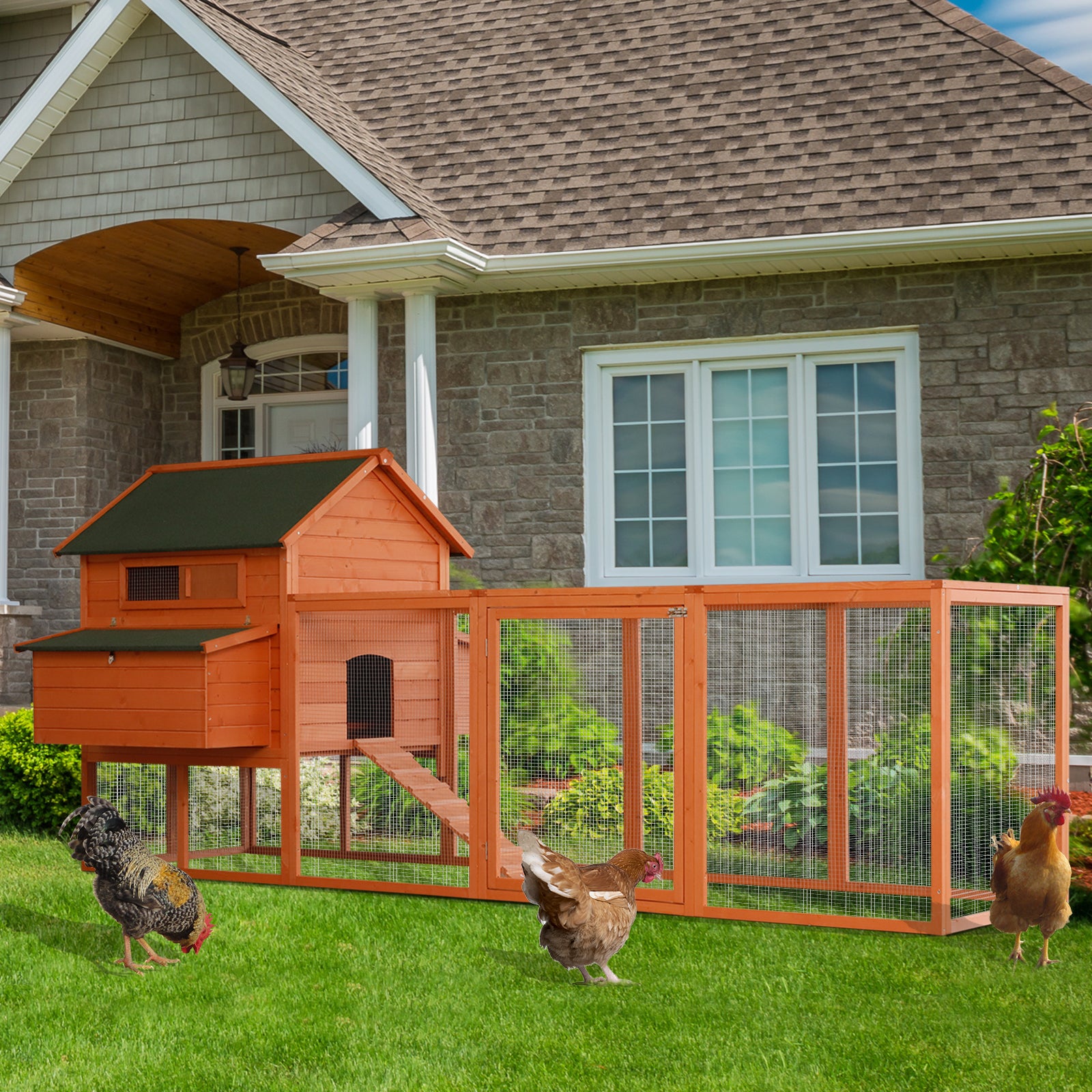 PawHut 136.5" Chicken Coop Wooden Large Chicken House Deluxe Rabbit Hutch Lockable Poultry Hen Cage Backyard with Nesting Box and Run