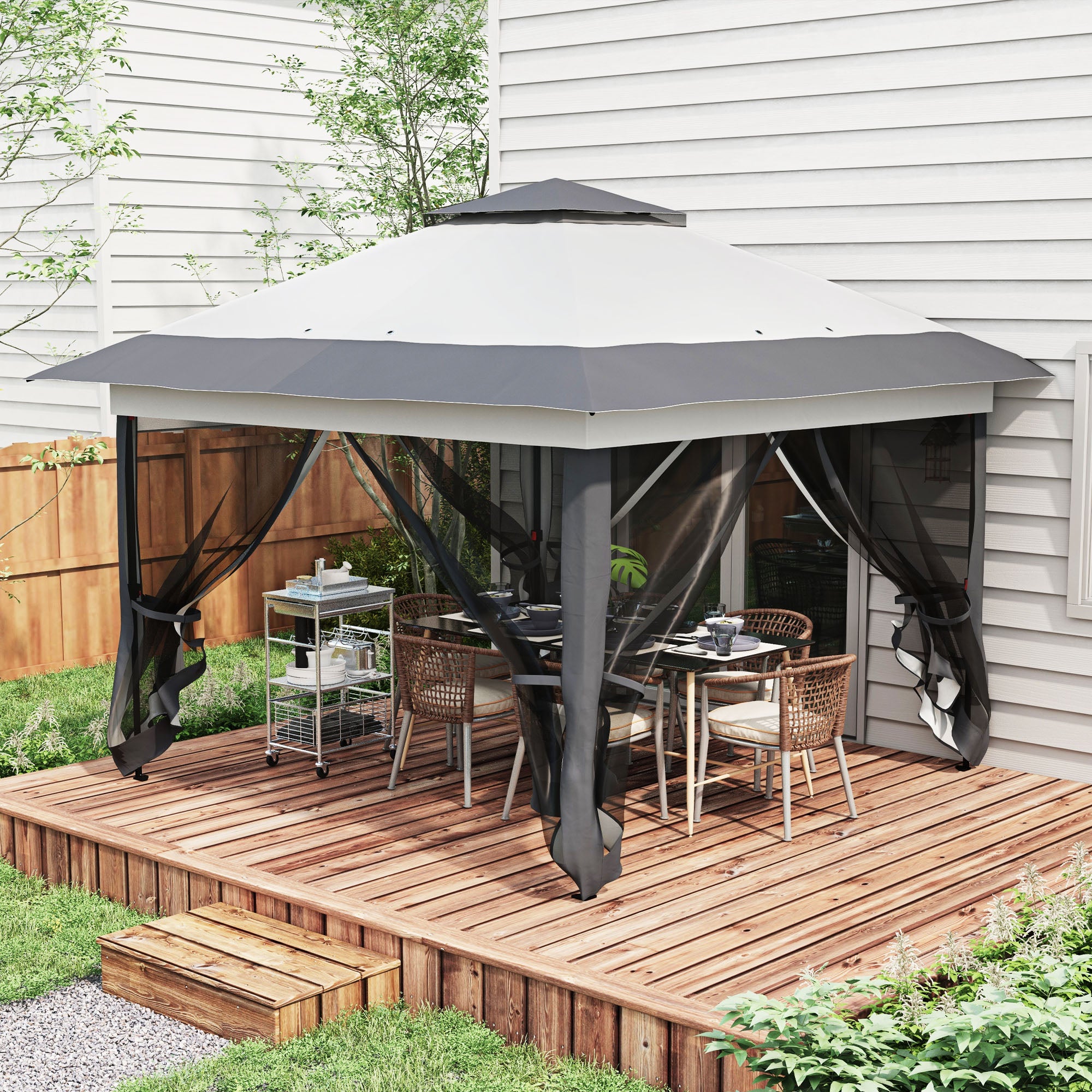Outsunny 12' x 12' Foldable Pop-up Party Tent Instant Canopy Sun Shade Gazebo Shelter Steel Frame Oxford w/ Roller Bag, Grey