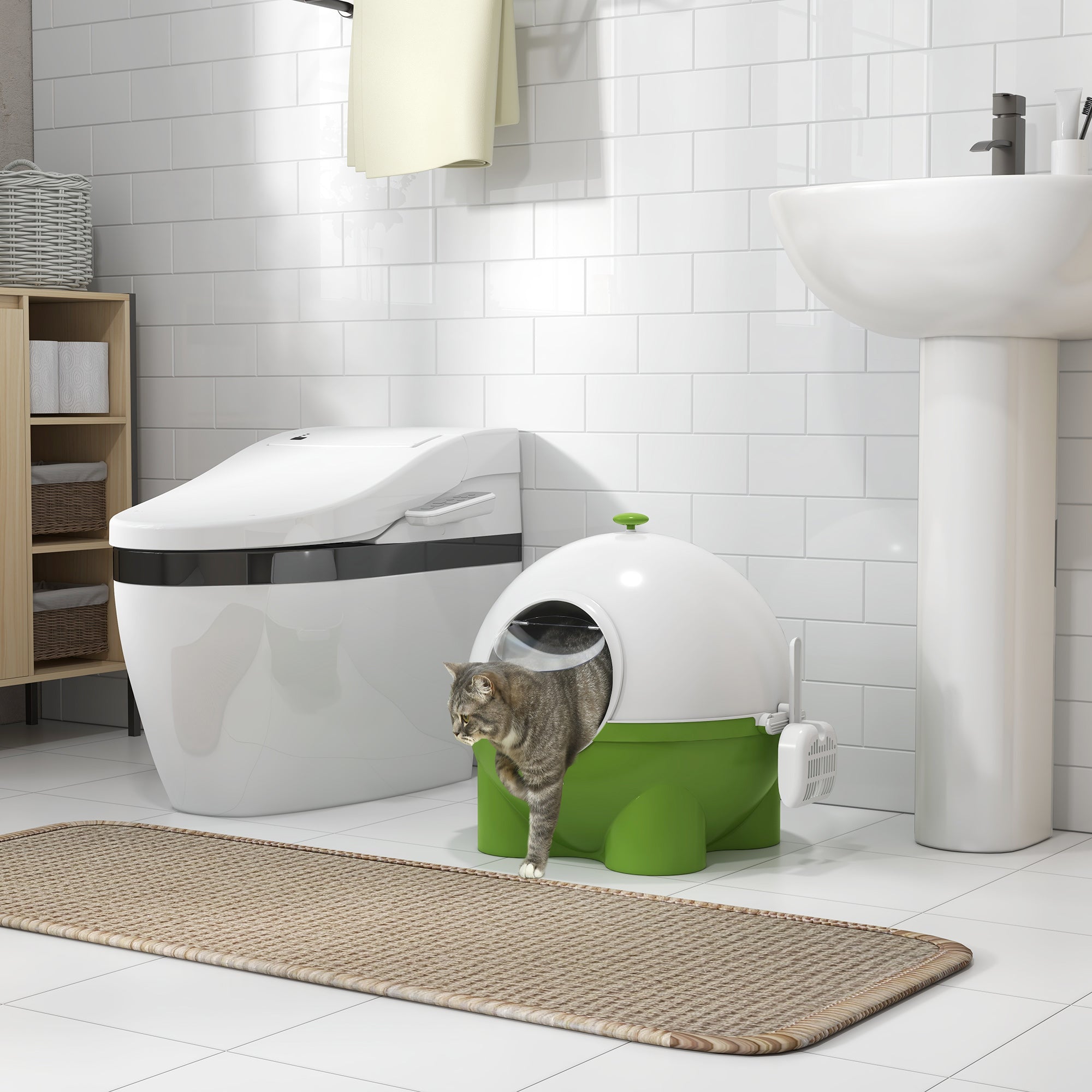 PawHut Large Cat Litter Box, Hooded Cat Litter Tray with Lid, Scoop, Top Handle, Front Entrance, 53 x 51 x 48cm - Green