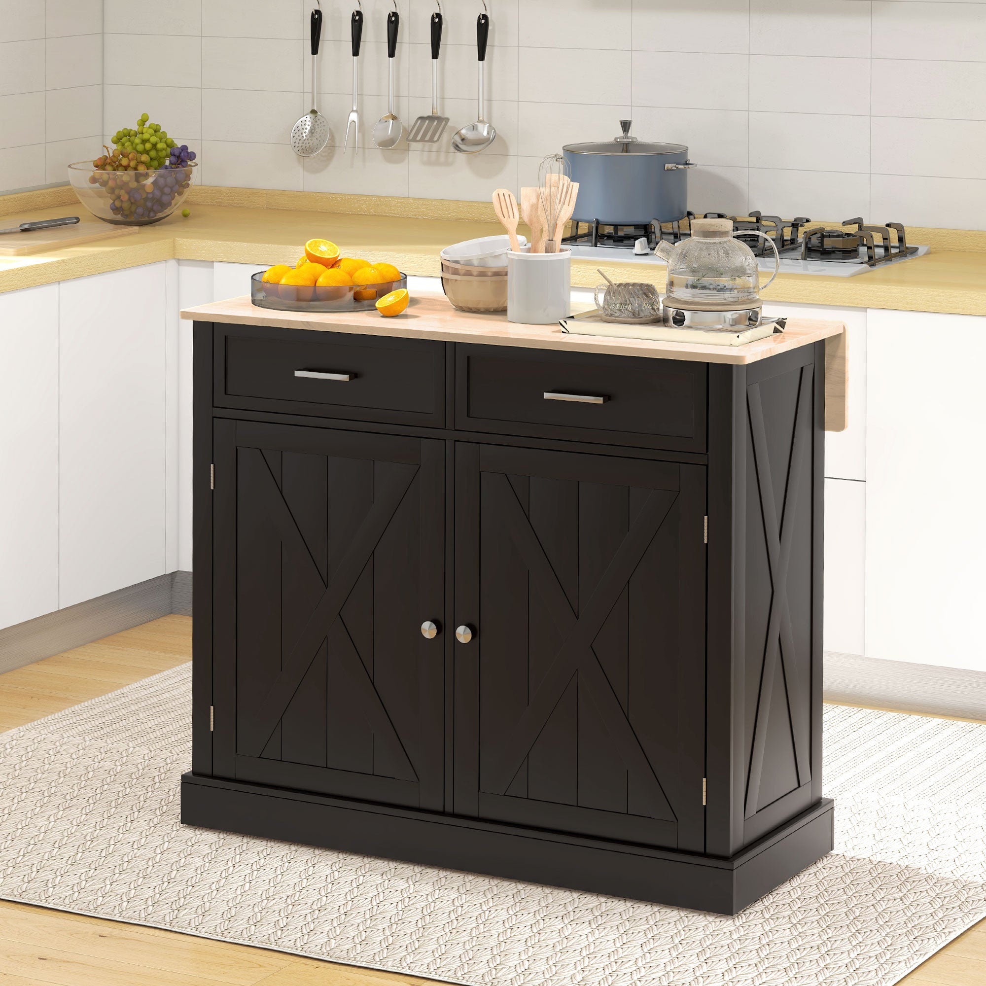 HOMCOM Rolling Kitchen Island with Drop Leaf Wood Breakfast Bar, Farmhouse Kitchen Cart with 2 Drawers, Adjustable Shelves for Dining Room (Black)