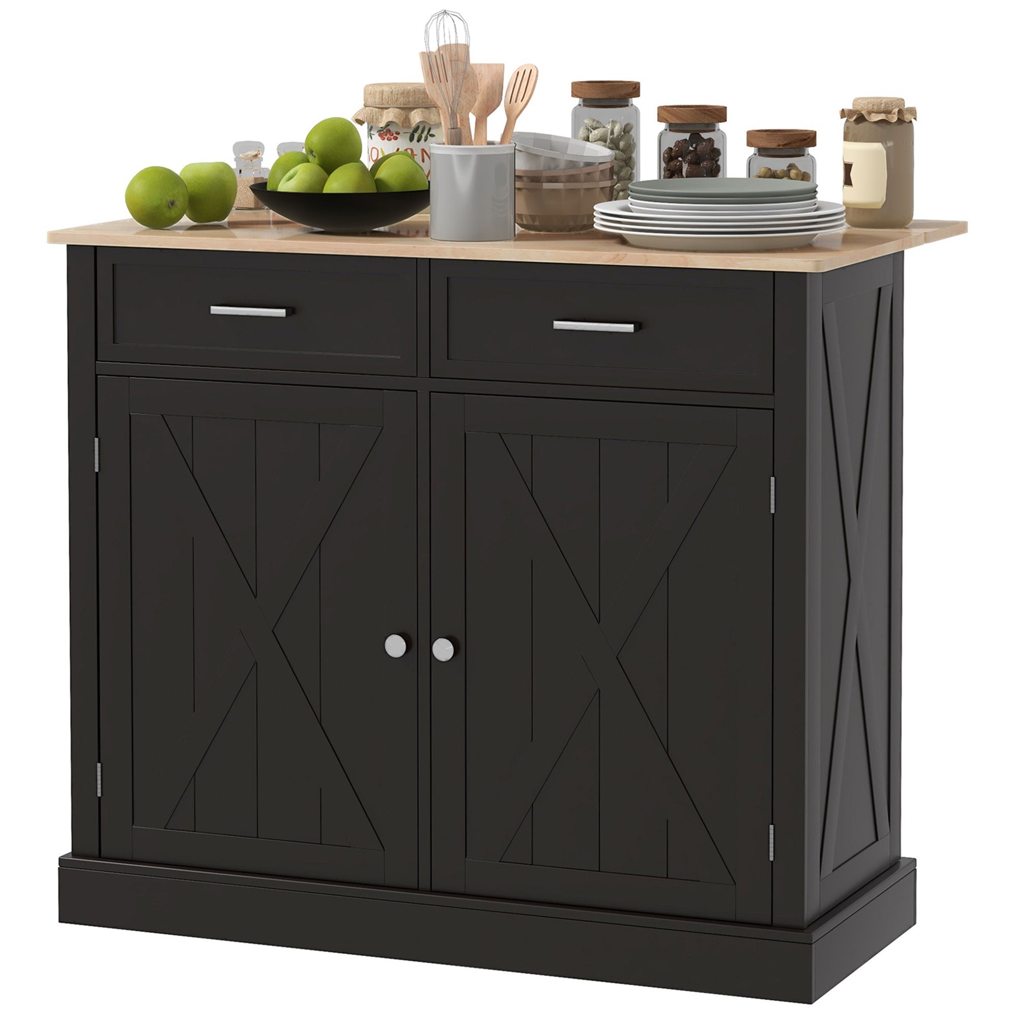 HOMCOM Rolling Kitchen Island with Drop Leaf Wood Breakfast Bar, Farmhouse Kitchen Cart with 2 Drawers, Adjustable Shelves for Dining Room (Black)