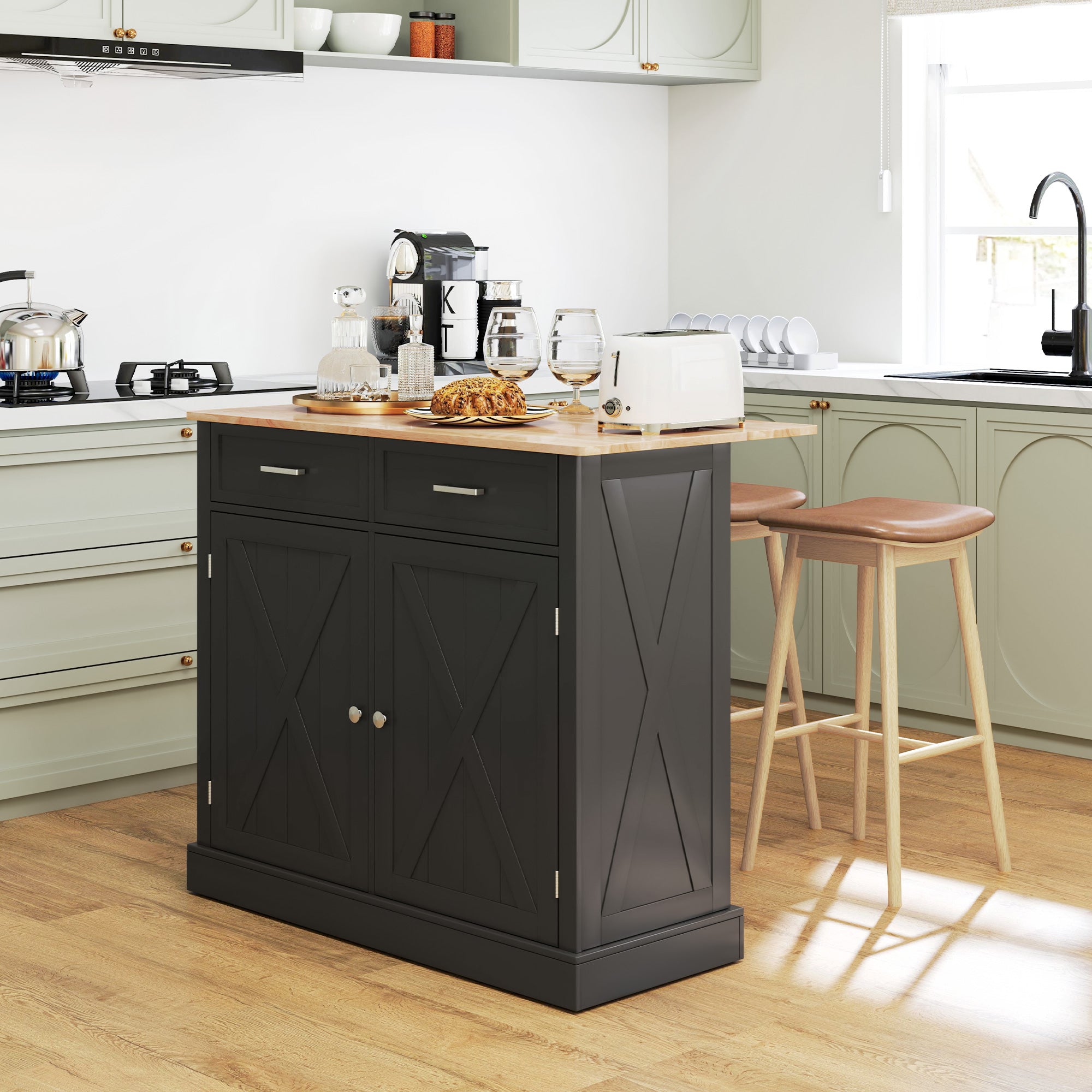 HOMCOM Rolling Kitchen Island with Drop Leaf Wood Breakfast Bar, Farmhouse Kitchen Cart with 2 Drawers, Adjustable Shelves for Dining Room (Black)