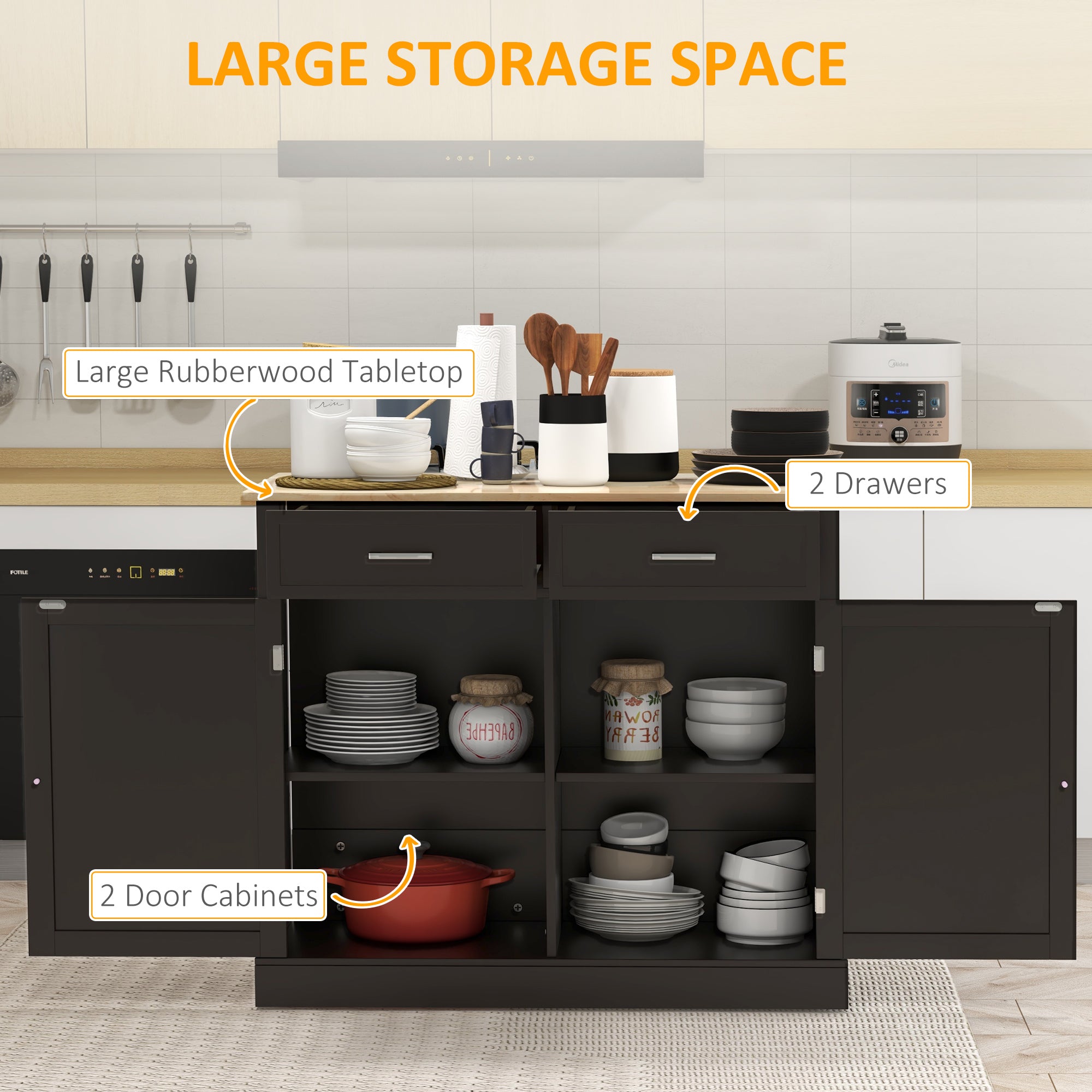 HOMCOM Rolling Kitchen Island with Drop Leaf Wood Breakfast Bar, Farmhouse Kitchen Cart with 2 Drawers, Adjustable Shelves for Dining Room (Black)