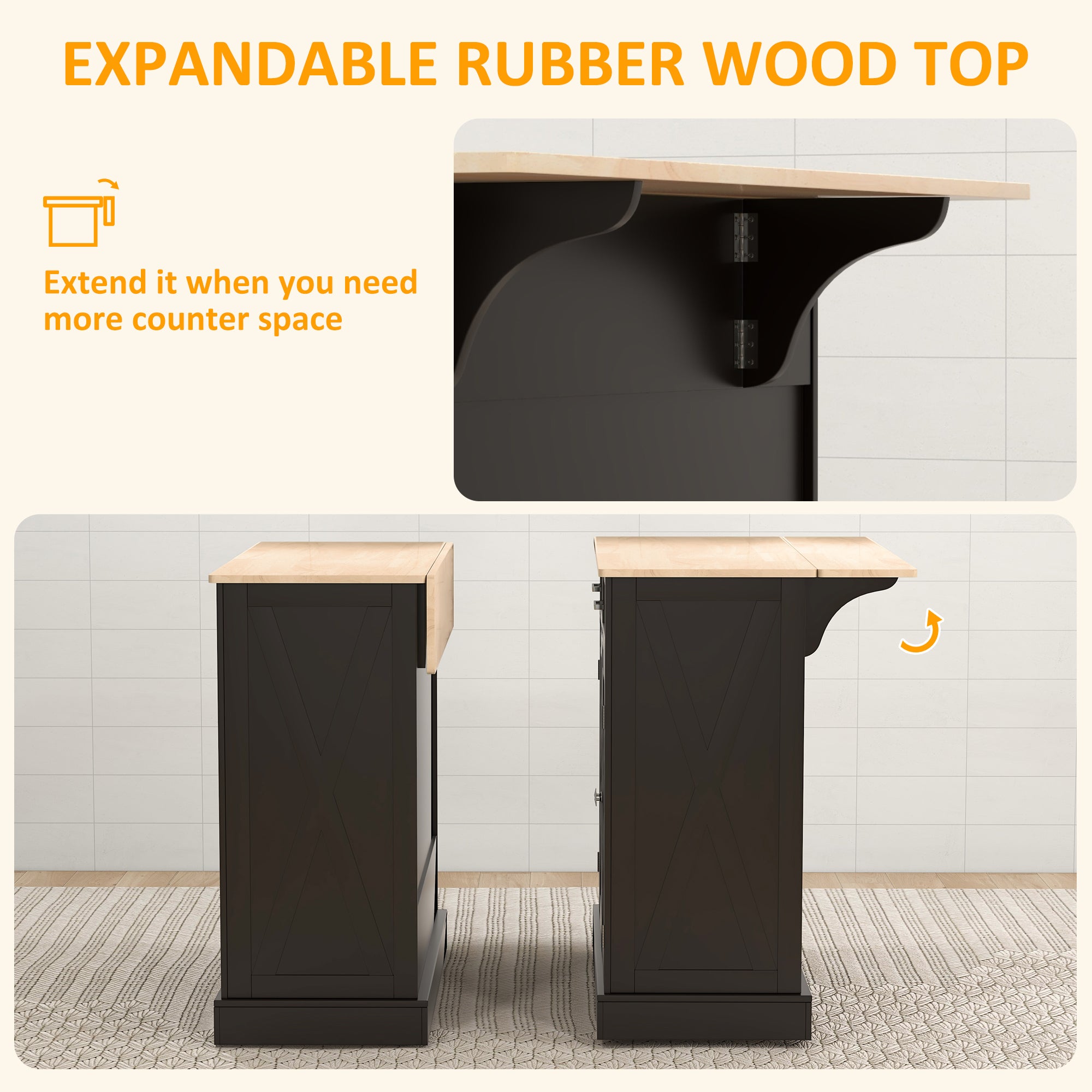 HOMCOM Rolling Kitchen Island with Drop Leaf Wood Breakfast Bar, Farmhouse Kitchen Cart with 2 Drawers, Adjustable Shelves for Dining Room (Black)